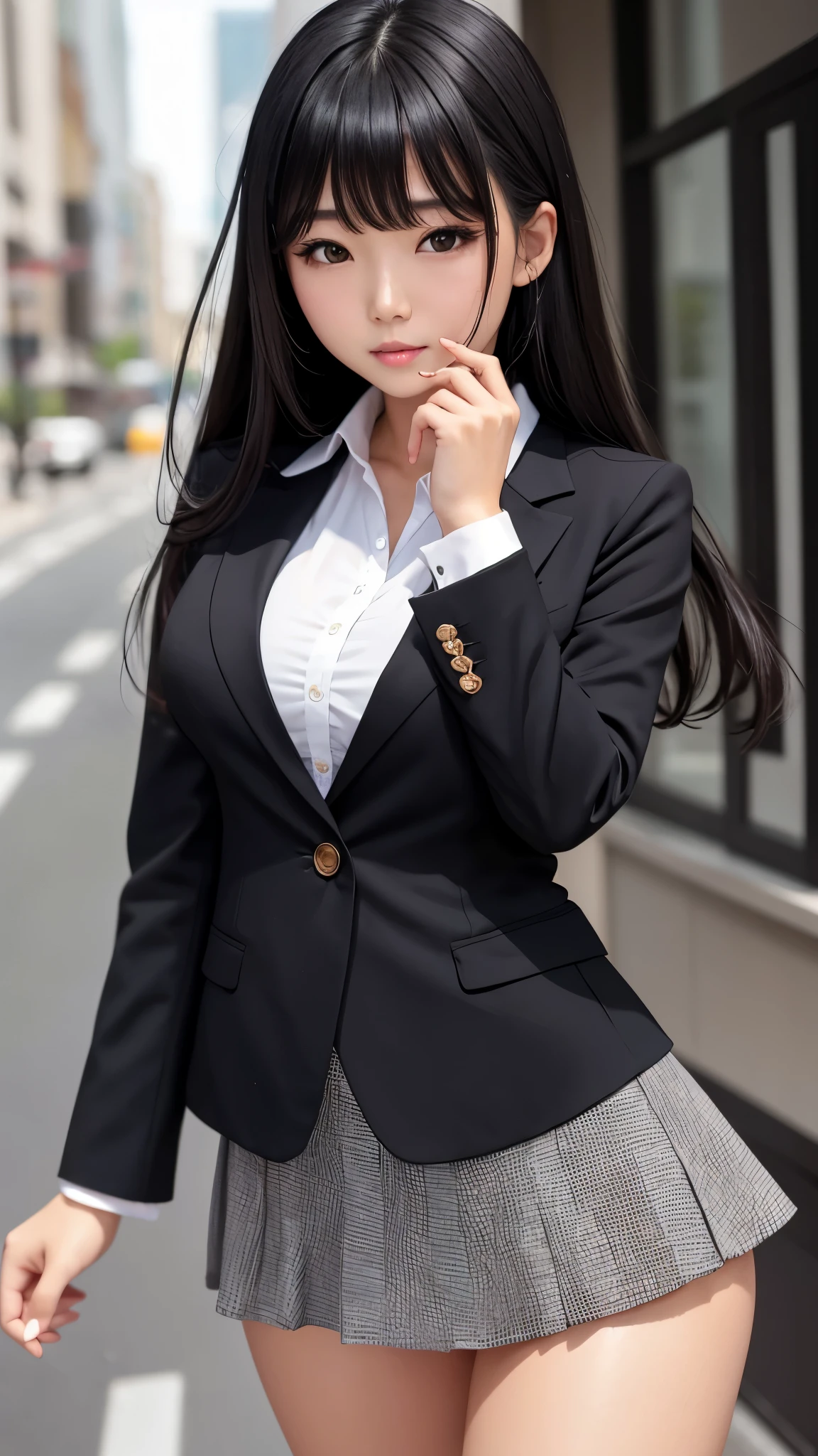 Detailed face、highlight、Beautiful thighs、Asian、girl、breast enhancement、bangs、Black Hair、skirt、blazer、