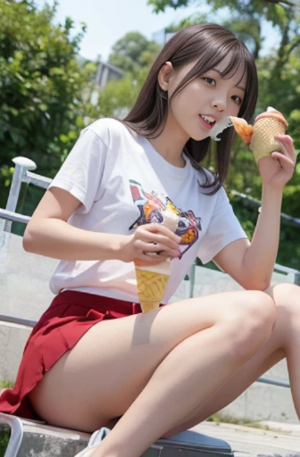 best quality, detailed, beautiful, insanely detailed, absurdres,perfect anatomy,
Japanese woman,black hair,27 years old,
(slender),
(small breasts best quality),
park, laughing, sitting, (legs spread:1.1), long hair, (yellow t-shirt), (red skirt), (Wearing white panties), (Panties are visible), Soft cream, (Scene of eating soft serve ice cream:1.3), japanese, in the park, with a chair, full body shot, from front, (View from below:1.3),