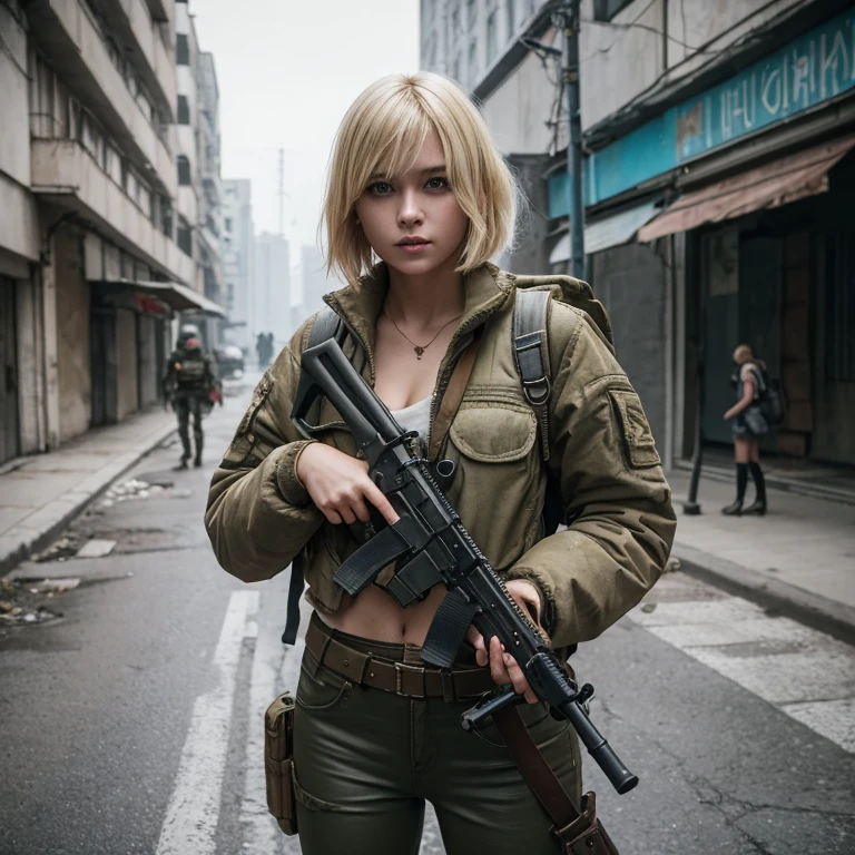 Very beautiful young girl, Stalker, blonde, Short tousled hair, маска 😷 на лице, post apocalypse, cyberpunk, professional photo, realistically, backpack 🎒, rifle, knife in sheath on belt, dirt on the face, worn clothes, style Mad Max