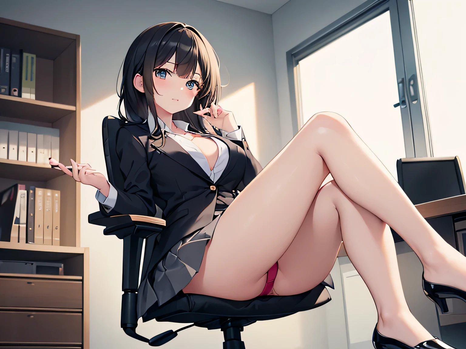 (Masterpiece, top quality, high resolution, realistic photo, realistic looking skin:1.1),
(Woman is sitting in office chair in desk with file drawers:1.5),
(She has her legs crossed and is lecturing me and you can almost see her panties: 1.8),
(She is expressionless: 1.5),
(She has a mature face:1.5), 
(She is wearing a gray blazer and gray skirt set-up with a v-neck undergarment: 1.8),
(Both of her legs are bare: 1.8),
(She is wearing black pumps: 1.8),
(Panties are red lace with a pattern on them: 1.5),
(She has medium black hair:1.5),
(Location: office chair at position desk in office:1.5),
1 Japanese girl, solo, full bodied esbian, beautiful eyes, glowing eyes, glowing thighs, NSFW