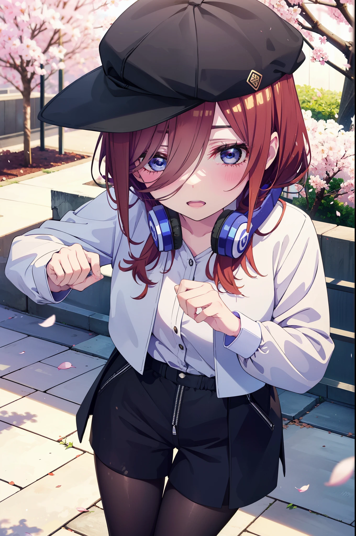 Miku Nakano, Miku Nakano, Long Hair, bangs, blue eyes, brown hair, shirt, Hair between the eyes, smile,blush,Open your mouth,Headphones around neck,オーバサイズチェック柄shirt,Shorts,Black pantyhose,Hunting Hat,short boots,Cherry blossoms are blooming,Cherry blossoms are scattered,Cherry blossom tree-lined path,whole bodyがイラストに入るように,
break outdoors, garden,
break looking at viewer,whole body, (Cowboy Shot:1. 5)
break (masterpiece:1.2), highest quality, High resolution, unity 8k wallpaper, (figure:0.8), (Beautiful fine details:1.6), Highly detailed face, Perfect lighting, Highly detailed CG, (Perfect hands, Perfect Anatomy),
