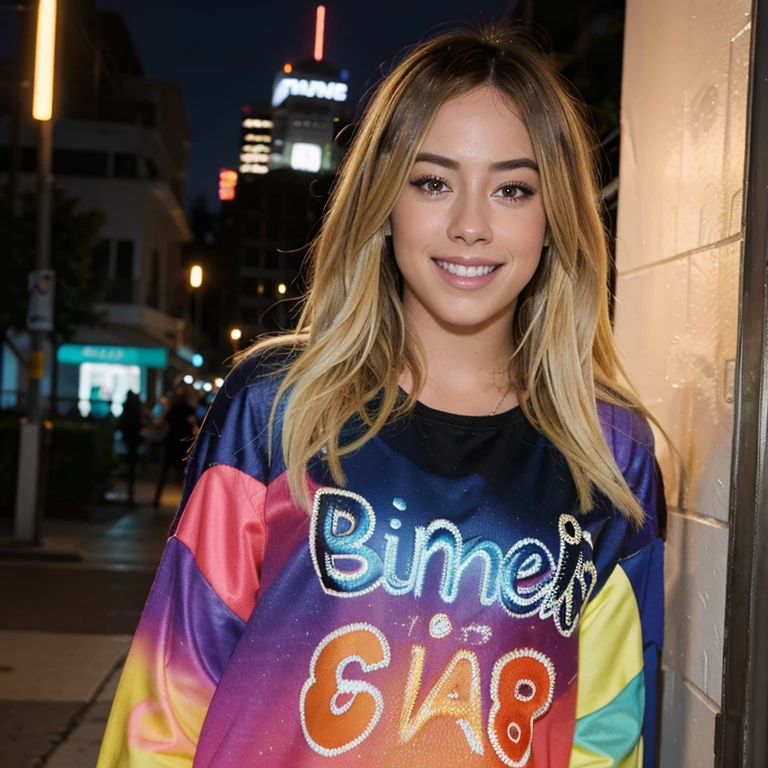 Chloe Bennet with dyed blonde hair at night wearing bright clothes smiling