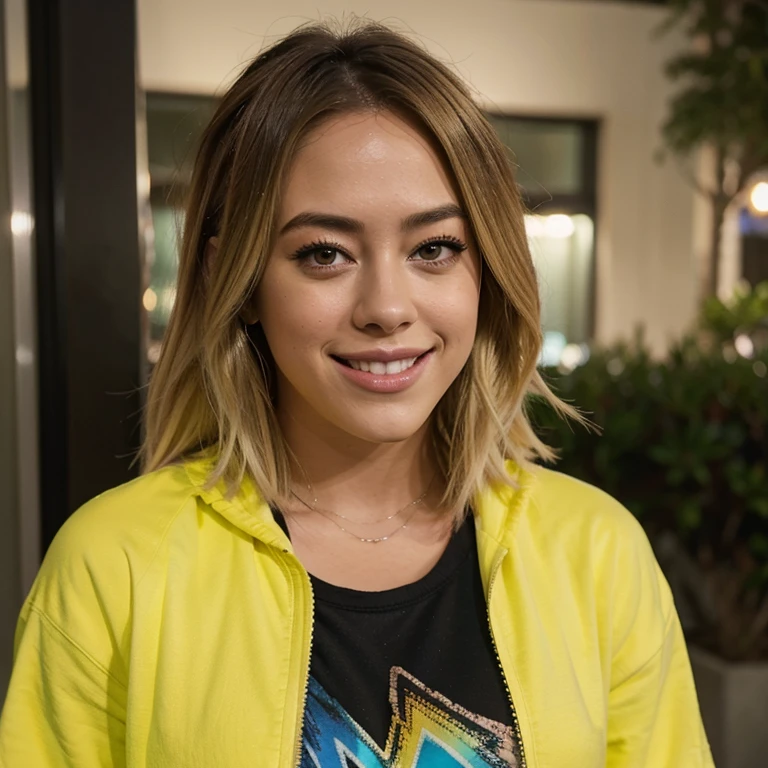 Chloe Bennet with dyed blonde hair at night wearing bright clothes smiling