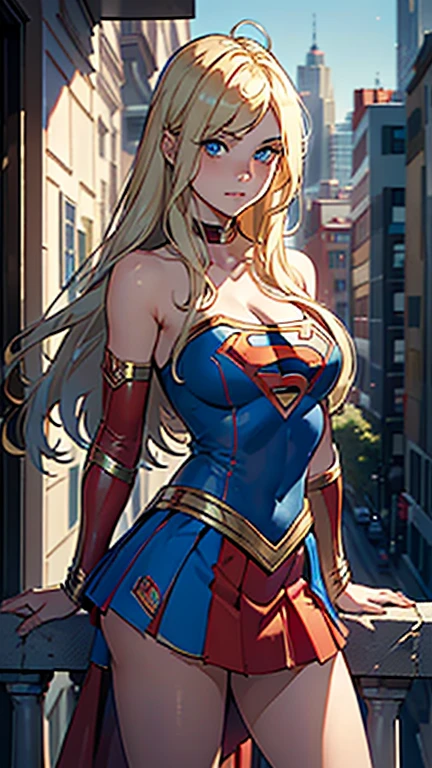 ((Best quality, Masterpiece, Nonsense)),1girll:1.9, Sexy, ( 18 years old, Expressive blue eyes, shoulder-length blonde hair, Long hair,Loose and fluffy hair),Dressed Supergirl cosplay (Super Girl Suite custom role-playing), Short red skirt,eechi, Terrace in 1 building, supergirl, cleavage, showing some ass, upskirt, big