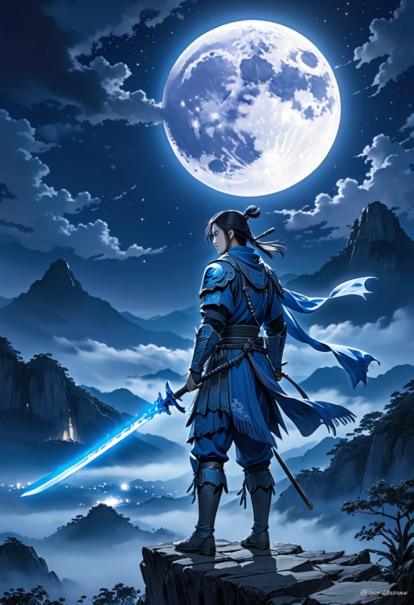 Blue Warrior, ghost, 与狼一起在闹ghost的村庄里散步, Night Sky, Full Moon, Practical, Full HD, best quality