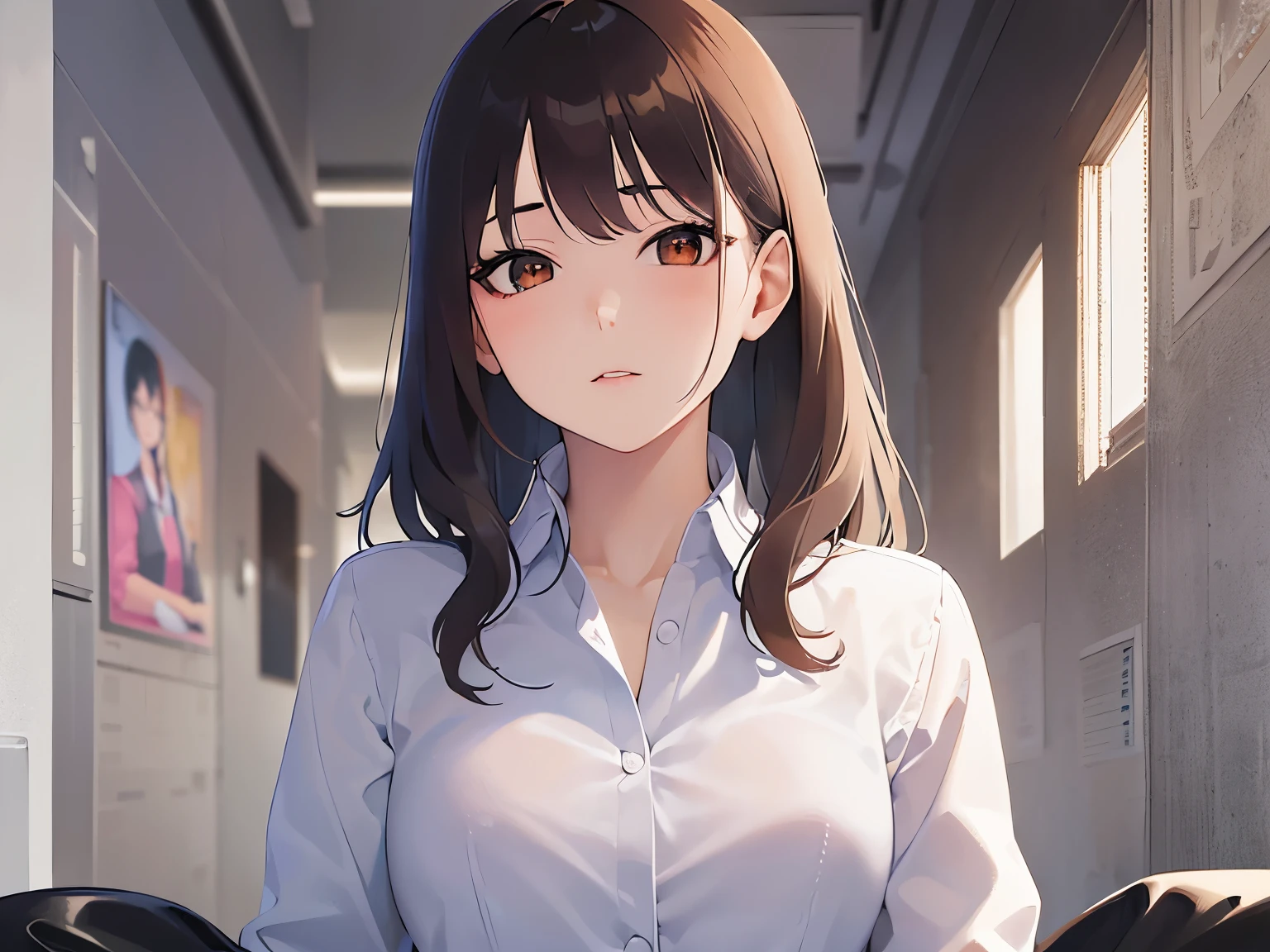 Upper Body, Realistic, real person, (pale skin: 1.2), RAW photo, photorealistic, portrait photography, shiny skin, shiny hair、(25 year old woman with medium hair with bangs) and (wavy hair) and (brown hair) and (orange eyes) ,(business suit:1.5) and (white collared shirt), Expressionless, Background is an office room、Alone、Sitting