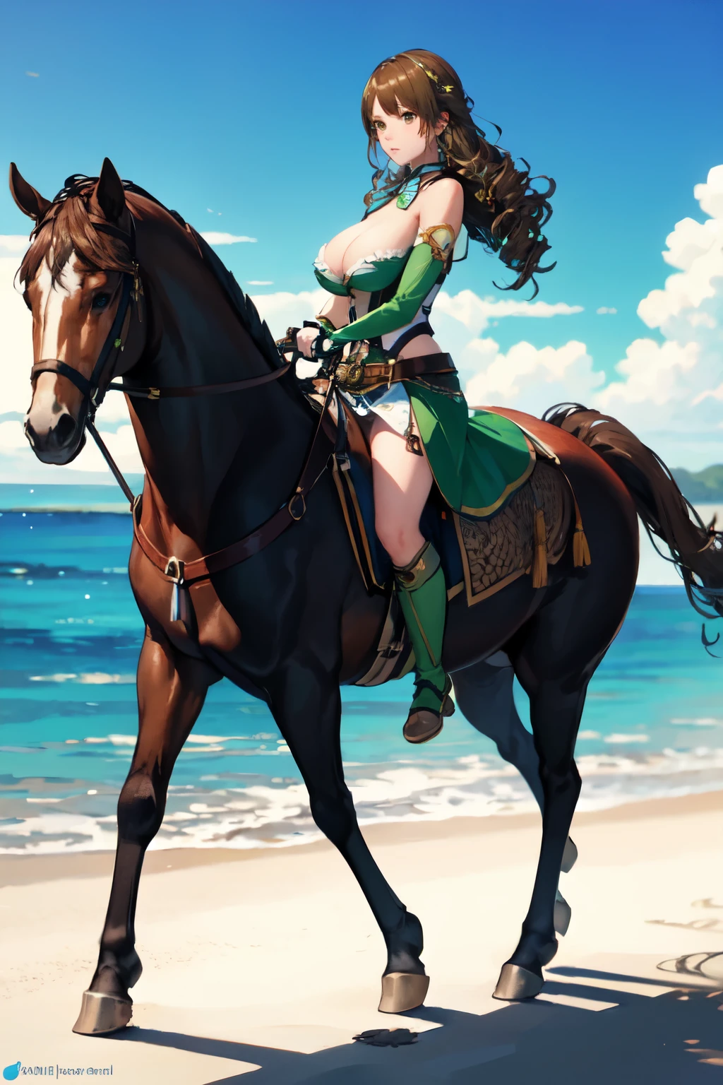 4k, masterpiece, solo, best quality, perfect face, anime style, cinematic lighting, cinematic color, long hair, curly hair, {gold hair}, brown eyes, large breast, horseback riding, horse riding, (white horse: 1.0, bridle, saddle, stir ups, reins: 1.2), beach, green armor, green miniskirt, green boots), walking: 1.5, view from side, anatomically correct