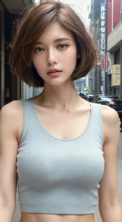 ((highest quality, 8k, masterpiece :1.3)), Sharp focus :1.2, Beautiful woman with perfect figure :1.4, Slim Abs :1.2, ((Layered Haircut, Big Breasts :1.2)), (Tank top shirt :1.1), (street :1.2), Highly detailed face and skin texture, Fine grain, double eyelid