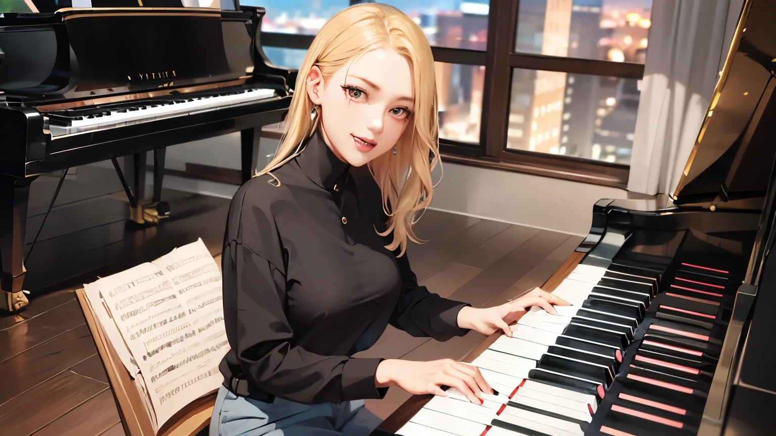 Blonde woman sitting at the piano in a room with a city view, pianist, play the piano, Choi Hong-hwa, Nam Jae-young, Chen Xintong, Lee Ji-eun, Lee Ji-eun, Shin Min-jung, Wenfei Ye, Roseanne Park from Blackpink, Yunling, Li Zixin, Beautiful Korean Women, sun yunjoo, only