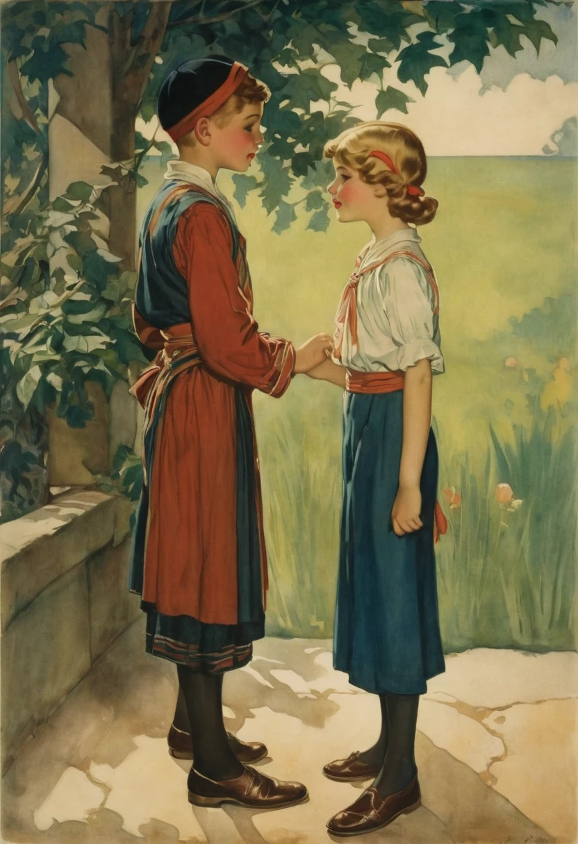 there are two children that are standing next to each other, peasant boy and girl first kiss, by Dorothy Hood, by Alice Prin, boy girl traditional romance, louis icart, joseph leyendecker, by Sun Junze, by Gerda Wegener, by Irene Bache, by Margaret Brundage, by Jacques Sablet, by Gustaf Tenggren,