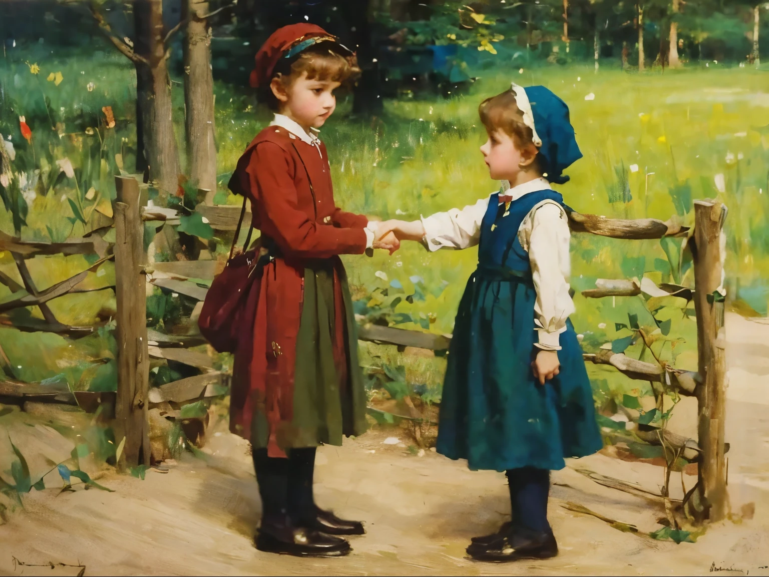 there are two children that are standing next to each other, peasant boy and girl first kiss, by Dorothy Hood, by Alice Prin, boy girl traditional romance, louis icart, joseph leyendecker, by Sun Junze, by Gerda Wegener, by Irene Bache, by Margaret Brundage, by Jacques Sablet, by Gustaf Tenggren,