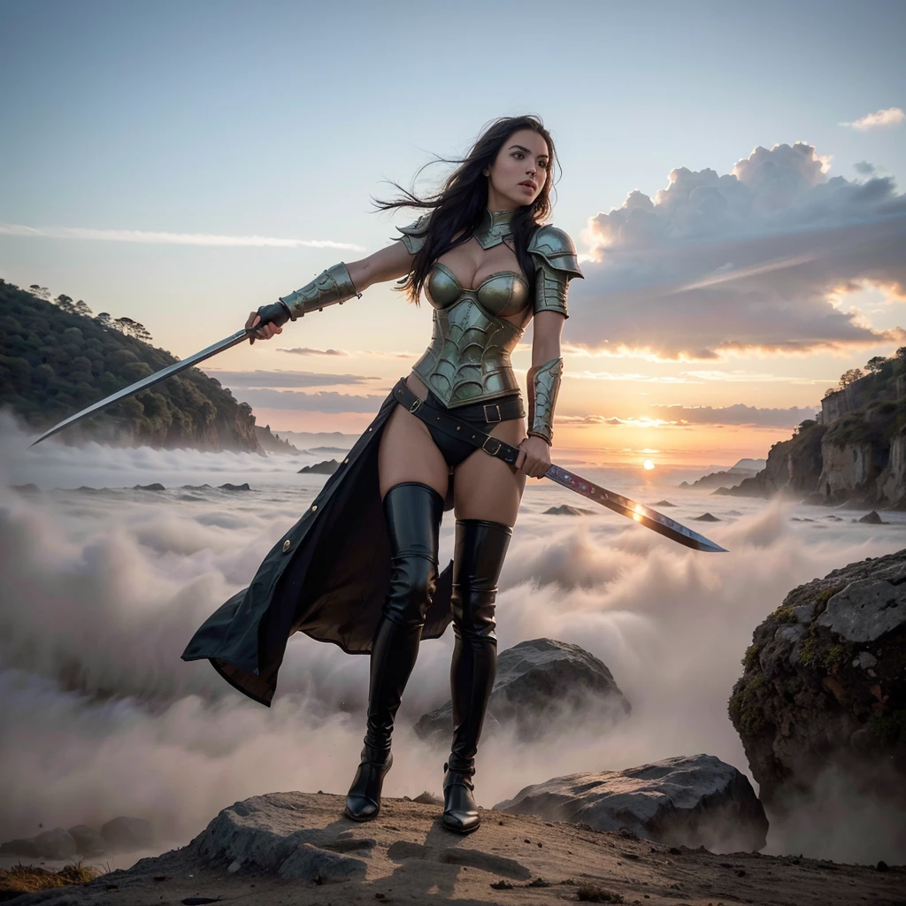 (best quality,4k,8k,highres,masterpiece:1.2),ultra-detailed,(realistic,photorealistic,photo-realistic:1.37),bright and vibrant colors,impressive lighting,warrior,medieval setting,detailed armor,sharp sword,emblem on the armor,stunning scenery,dramatic atmosphere,action pose,ornate helmet,strong and confident stance,castle in the background,flag waving in the wind,epic battle scene,mysterious mist,clouds in the sky,cinematic feel,heroic warrior,ornate sword hilt,attention to fine details,lush green grass,imposing presence,wind blowing through the armor,bold and dynamic,impressive physique,reflection of the sunset on the armor,skilled fighter,exquisite craftsmanship,sword slashing through the air,conqueror of darkness,battle-hardened warrior,endless horizons,legendary hero,bravery and courage,mythical adventure,legendary weapon,defender of the realm