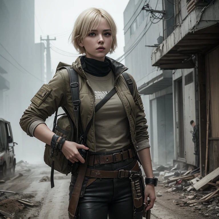 Very beautiful young girl, Stalker, blonde, Short tousled hair, маска 😷 на лице, post apocalypse, cyberpunk, professional photo, realistically, backpack 🎒, rifle, knife in sheath on belt, dirt on the face, worn clothes, style Mad Max