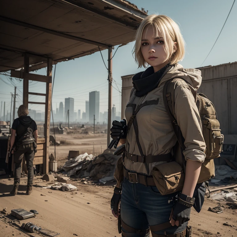 Very beautiful young girl, Stalker, blonde, Short tousled hair,post apocalypse, cyberpunk, professional photo, realistically, backpack 🎒, rifle, knife in sheath on belt, dirt on the face, worn clothes, style Mad Max