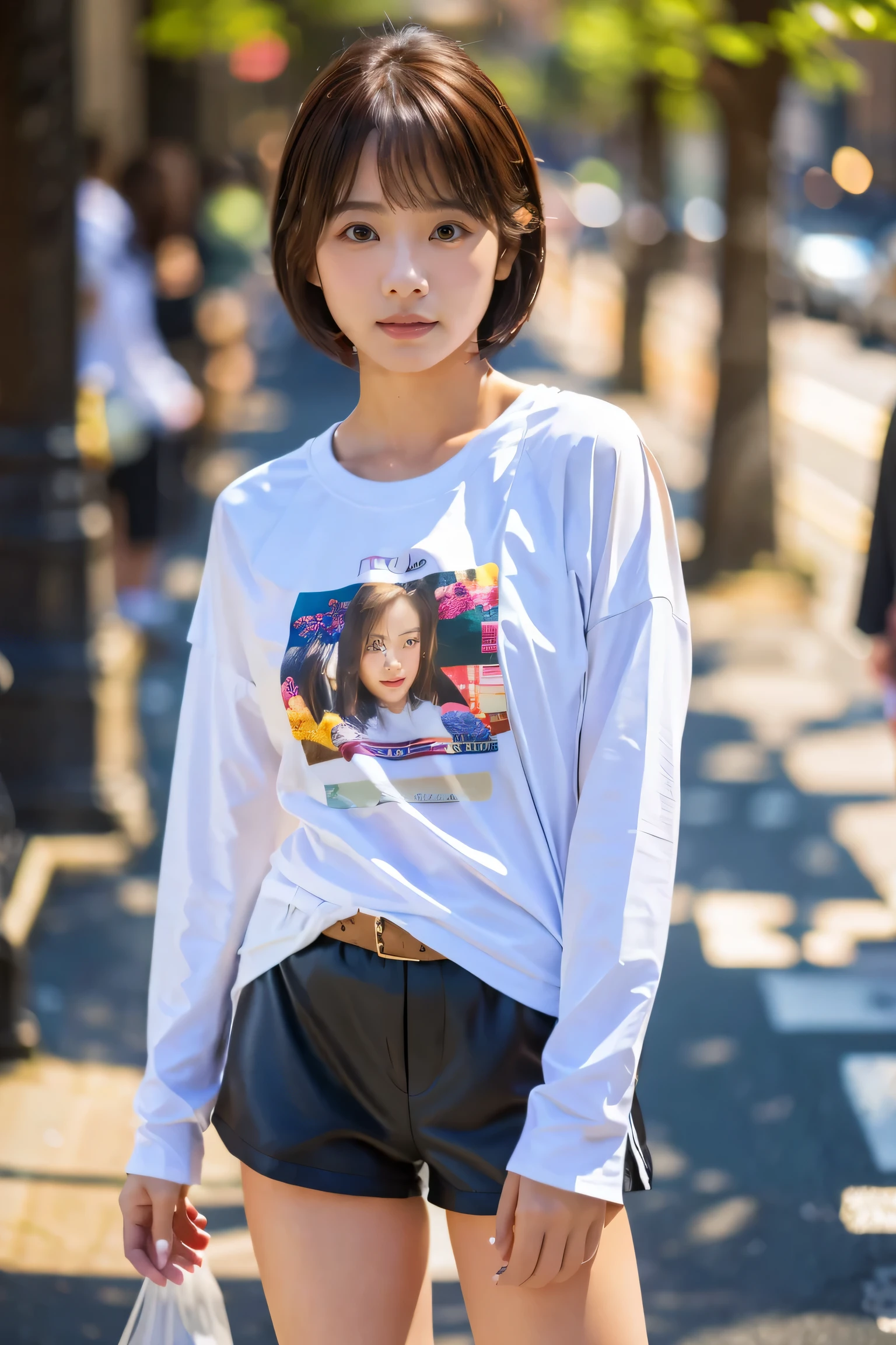 do, highest quality, Photorealistic, Very detailed, finely, High resolution, 8K Wallpaper, Professional, High level of detail, ((One 18 year old girl:1.2)), Slender Japanese women,cute lips, Detailed clavicle, Mid-chest、Perfect Face, (Cute short hair:1.5), Chestnut Hair、Cute face、(Long sleeve T-shirt on bare skin:1.5)、(Shorts:1.5)、Black short boots、(Sexy poses in the shopping district:1.2)、Perfect Professional Potion、((Complete head-to-toe coverage:1.5)、