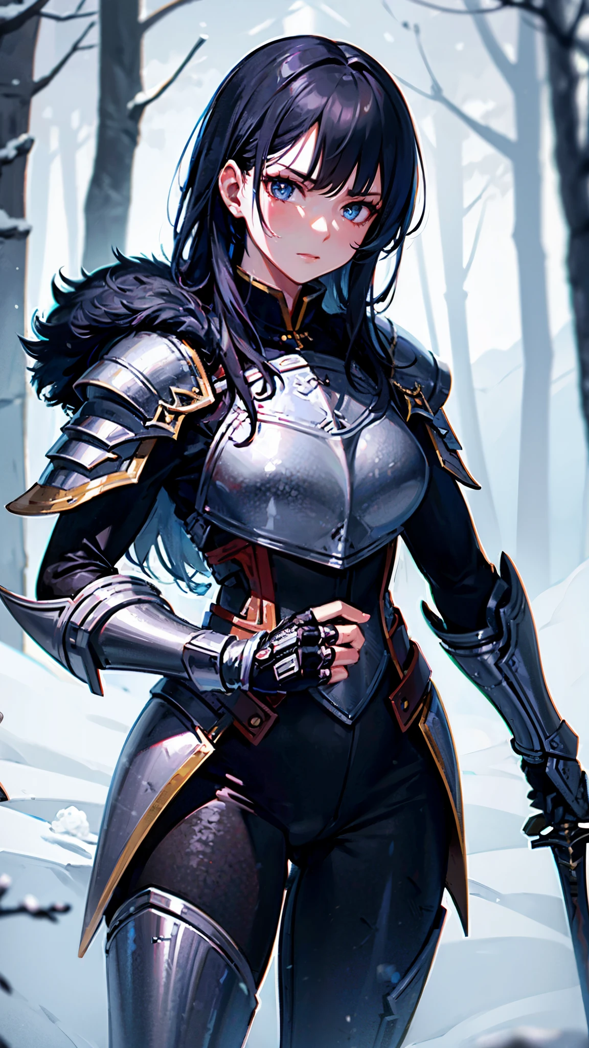 (best quality,4k,highres),(realistic,physically-based rendering),a girl,armor:simple,winter,fur,holding a sword,serious expression,vivid colors,portrait,sharp focus,studio lighting,detail of the eyes,metal texture,cold environment,forest background,falling snow,smoke effect