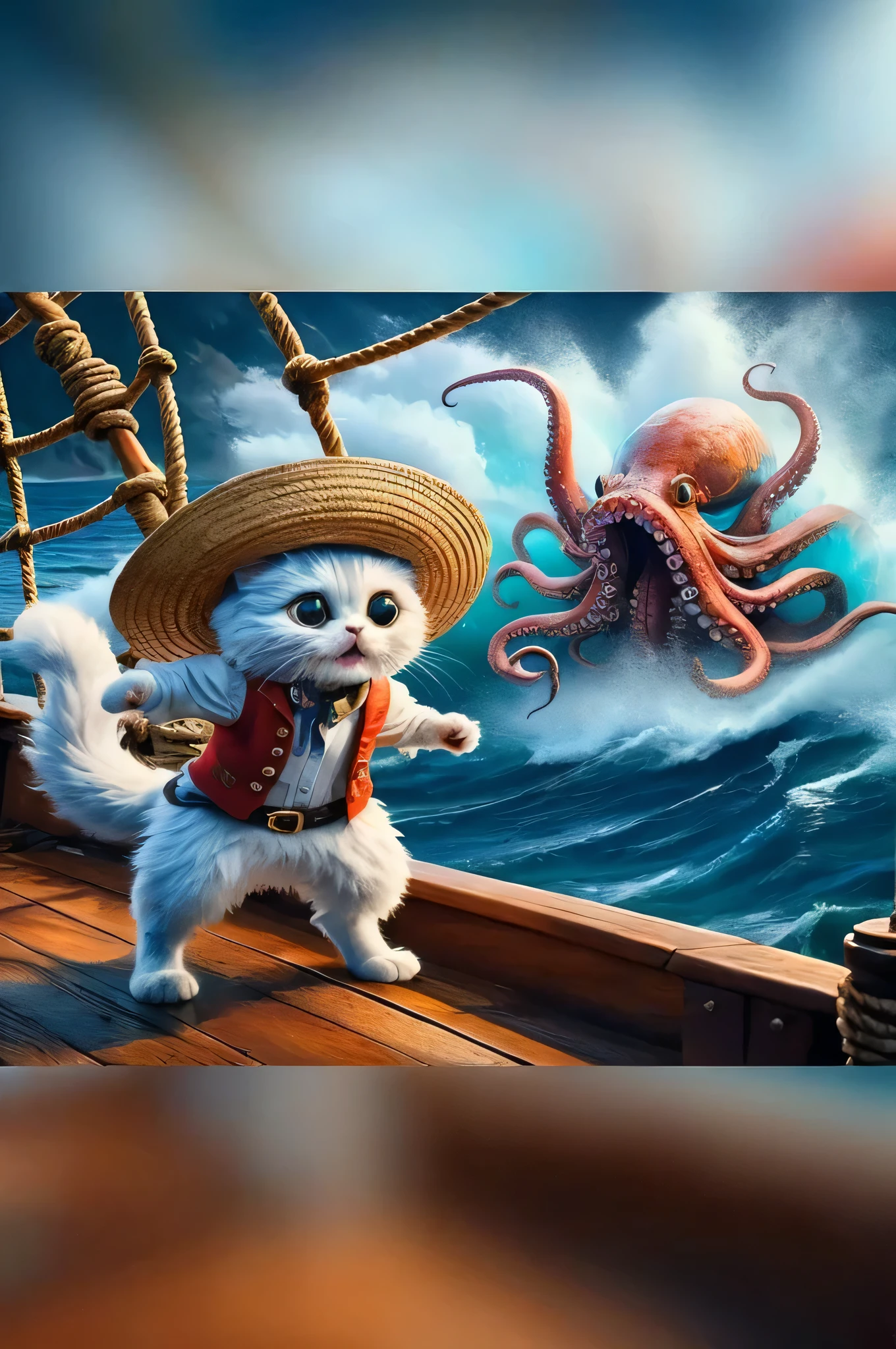 ultra realistic, masterpiece, best quality, raw photo, 8k
cute cat, panicked face, wearing straw hat, red coat, standing on a boat, giant octopus monster,