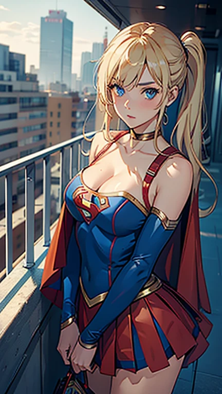 ((Best quality, Masterpiece, Nonsense)),1girll:1.9, Sexy, ( 18 years old, Expressive blue eyes, shoulder-length blonde hair, Long hair,Loose and fluffy hair),Dressed Supergirl cosplay (Super Girl Suite custom role-playing), super Short red skirt,eechi, Terrace in 1 building, supergirl, cleavage, showing some ass, upskirt, big, tiny suit
