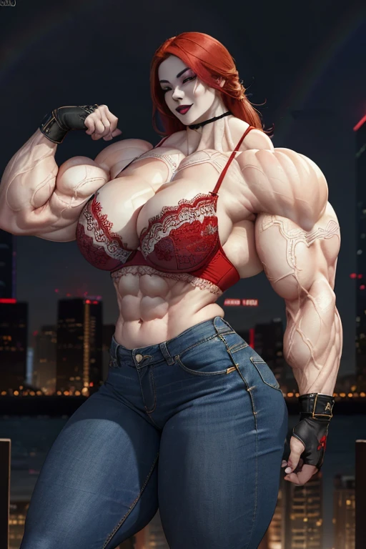(((((Massive tall, beautiful, buff, pale white skinned muscular asian woman with red hair, black lipstick, ginormous bulky muscles, and wearing a red lace bra with tight denim pants))))), close view, massive muscle, massive biceps, hyper muscle shoulders, (massive muscle arms), vascular shoulders, hyper muscle triceps, (long hair), yellow eyes, choker, (long fingerless gloves), black boots, (in a rainbow city), confidant smile, night, hyper vascular arm, hyper muscles arms, hyper muscle legs, (massive arms).