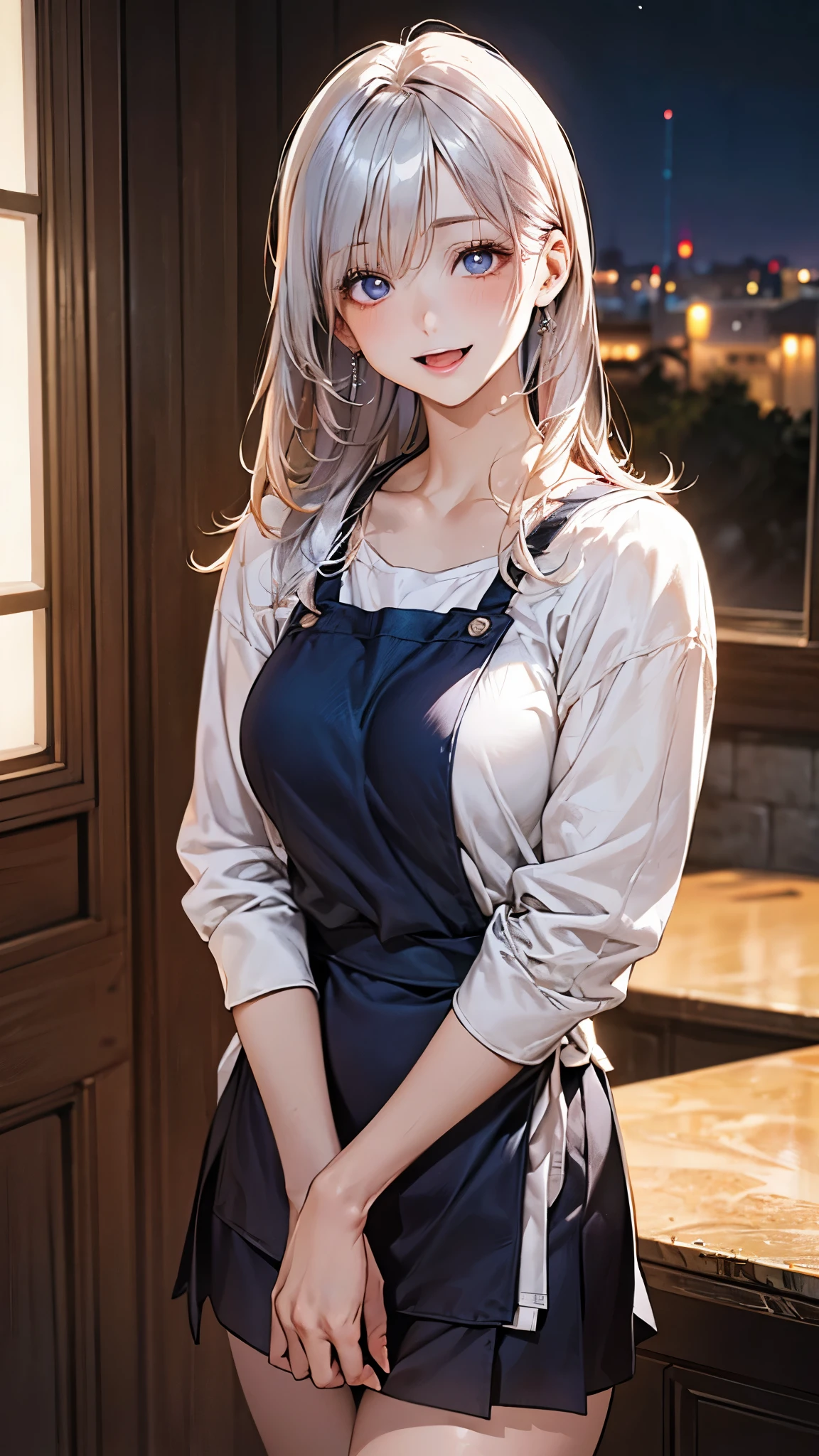 (masterpiece:1.2, top-quality), (realistic, photorealistic:1.4), beautiful illustration, (natural side lighting, movie lighting), depth of fields, 
beautiful detailed hair, beautiful detailed face, beautiful detailed eyes, beautiful clavicle, beautiful body, beautiful chest, beautiful thigh, beautiful legs, 
looking at viewer, 1 girl, 17 years old, (perfect anatomy, anatomically correct, super detailed skin), cute and symmetrical face, perfect face, perfect eyes, perfect body, 
(long hair, straight hair:1.5, sideburns), break (silver hair), swept bangs, break purple eyes, big eyes, long eye lasher, (medium breasts, seductive thighs), babyface, shiny skin, pink skin, 
(detailed cloth texture, break (long sleeve marine blue collared shirt, break light brown tight skirt, break apron)), break 
(beautiful scenery), night, (kitchen room:1.2), standing, (lovely smile, upper eyes, parted lips),