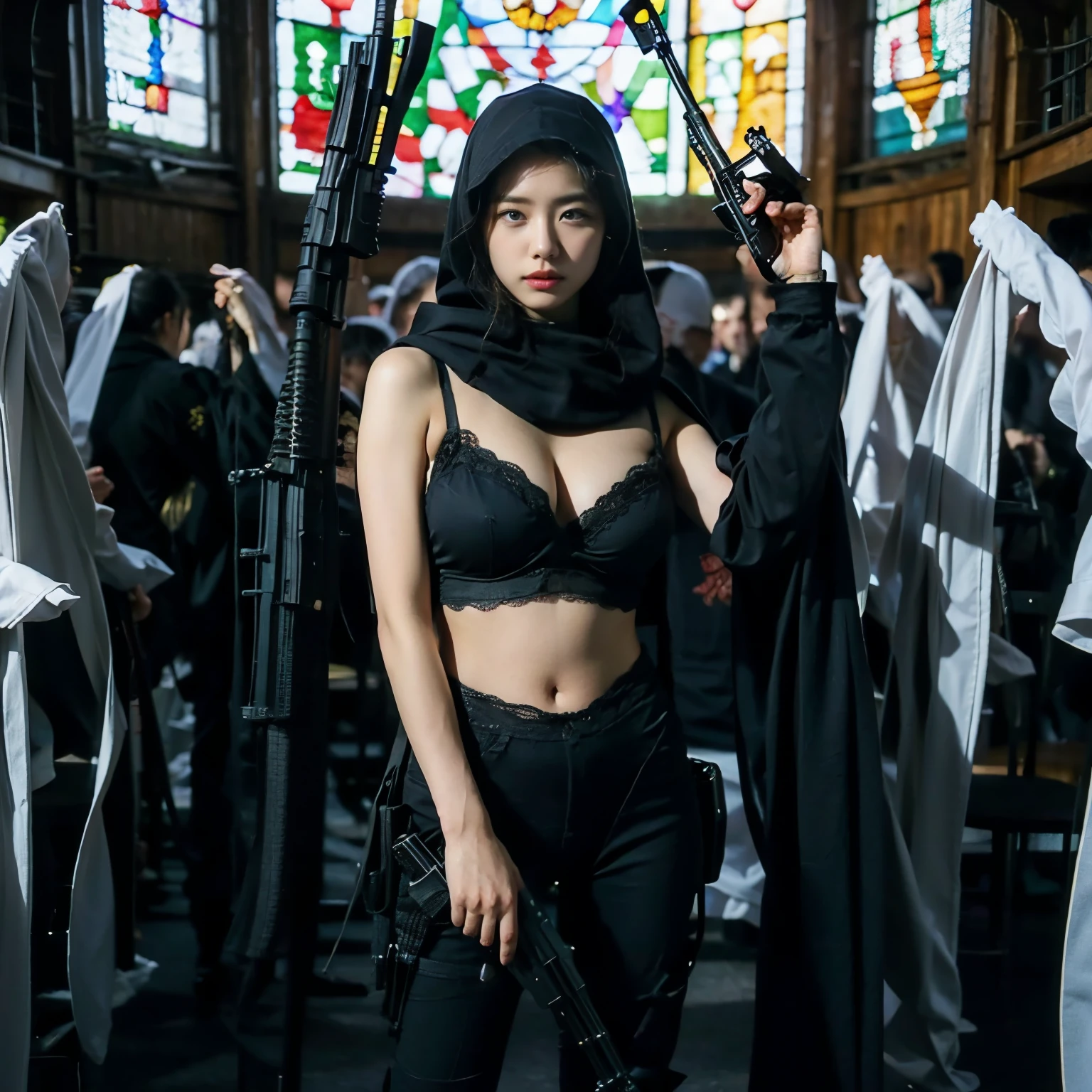 A beautiful nun、Very beautiful woman、Wearing a nun's hood:1.4、(Wear lingerie:1.25)、Cowboy Shot、Big Breasts、(Aiming the Groza assault rifle at the viewer:1.7)、Dynamic Pose、Standing at the altar of the chapel、Stained glass、Hymns、It's a solemn atmosphere.