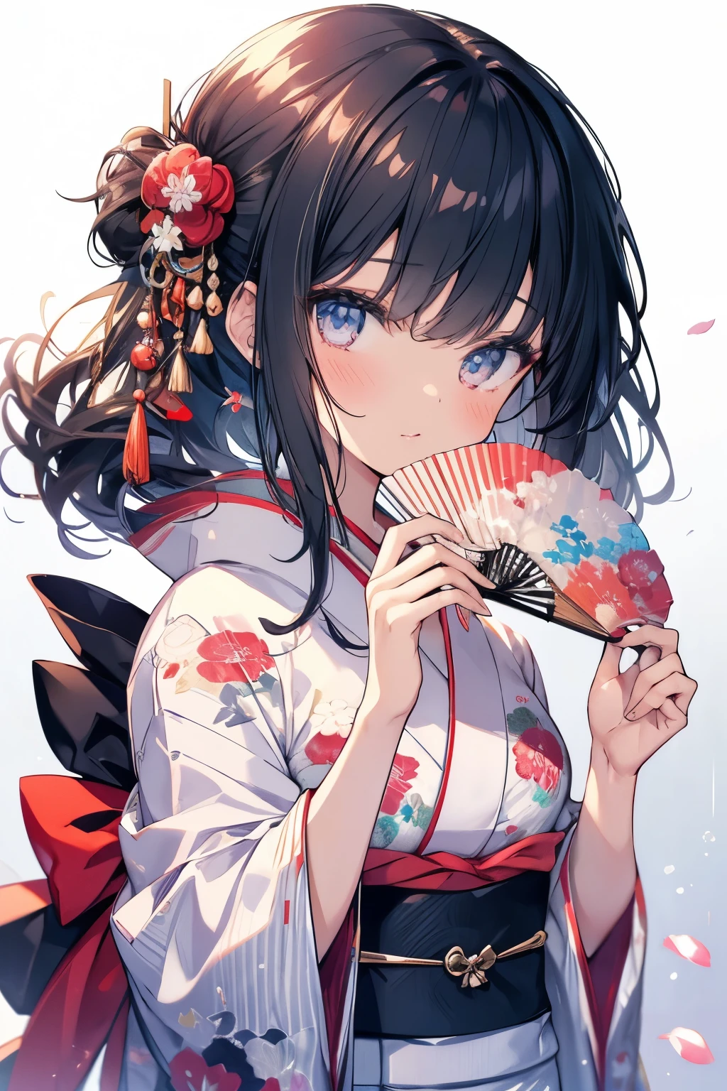 One Girl, Japanese, kimono, Hold a fan, good, Beautiful poop, delicate, cute, Black-haired, Narrow eyes, ((Head to waist)), masterpiece, highest quality, Ultra HD