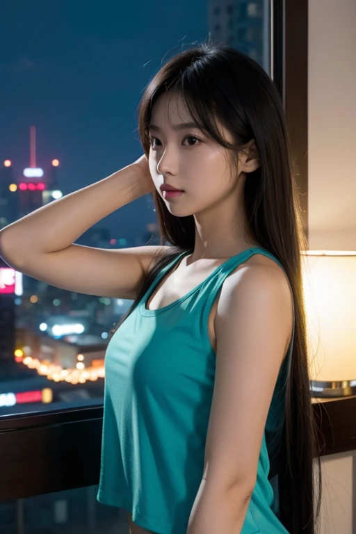 Asian girl, cyan tanktop, longhair, night city