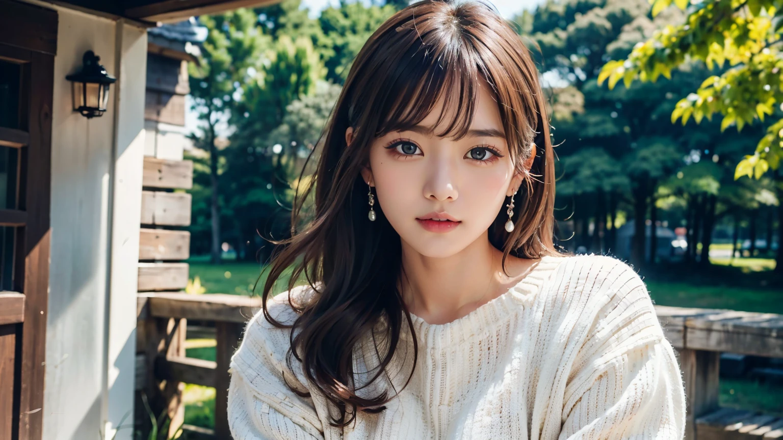 1 girl, Very bright backlight, alone, {Beautiful and detailed eyes},Autumn Day, Calm expression, Natural and soft light, silver hair fluttering in the wind, Delicate facial features, Blunt bangs, Beautiful Japanese Girl, Eye smile, Very small earrings, 29-year-old, ((Model pose)),(Colorful Hair, half red, Half brown hair:1.2), Fluffy grains, Real Hands, masterpiece, highest quality, Realistic, Very detailed, Finely detailed, High resolution,Brown messy hair, Perfect dynamic composition, Beautiful fine details, Asian Girl,((Feeling anxious and embarrassed.)),Sharp focus, beauty mix, Film Girl,smile,(Wearing a sexy oversized knit sweater,meanwhile:1.5),Nice butt,Tight jeans,Accurate Arm,Accurate Fingers,