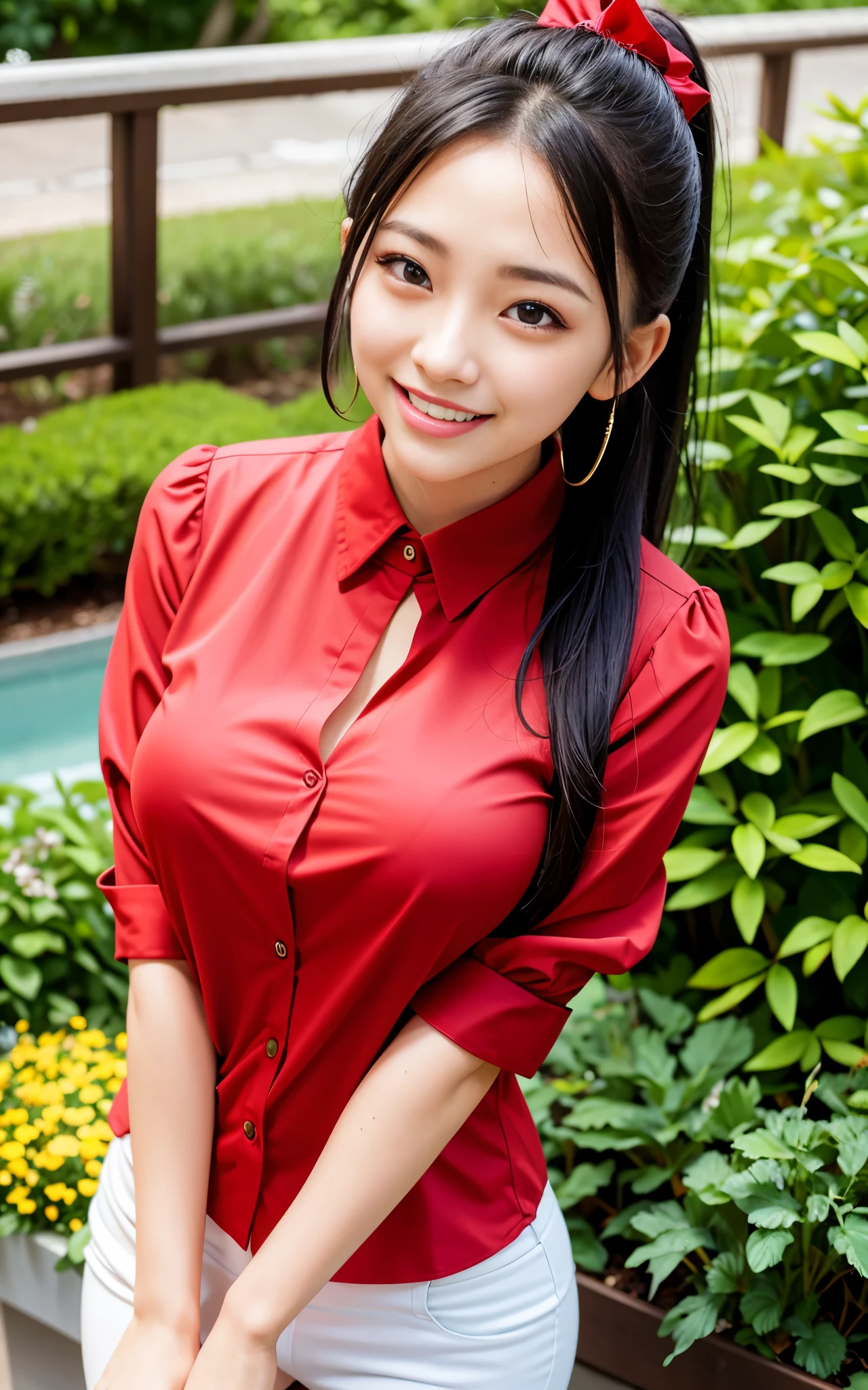 highest quality, figure, Ultra-detailed, finely, High resolution, 8K Wallpaper, 完璧なダイナミックな構figure, ((Sexy pose)), Beautiful Skin, (Big Eyes), 20 year old beautiful girl, Natural color lip, Mid chest, smile, Highly detailed face and skin texture, Detailed eyes, Double eyelid,leaking teeth and laughing, close-up, Black hair ponytail, (Red blouse:1.2), garden
