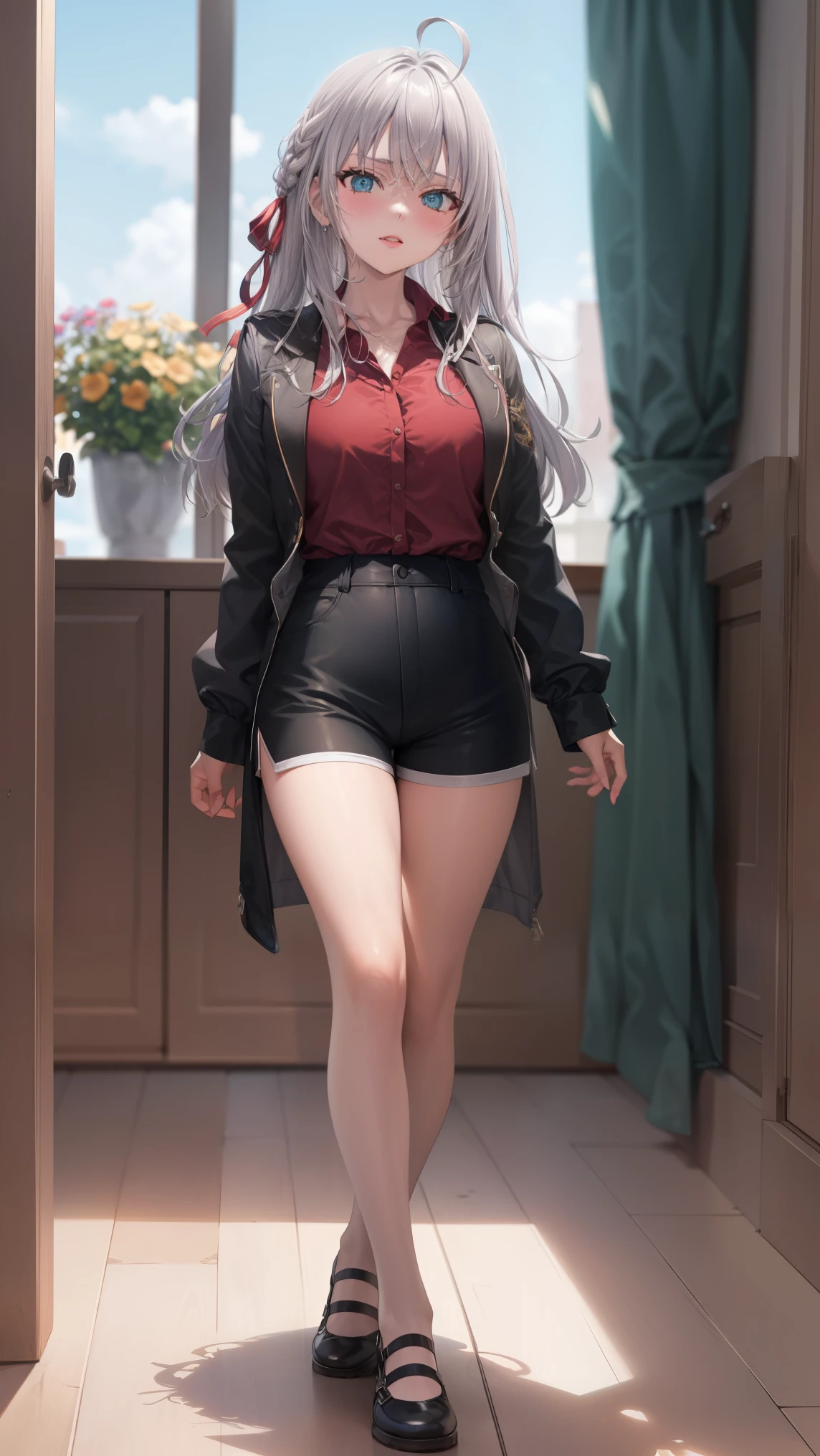 Alisa Kujou, 

(day:1.7), in a room with curtains on the windows,adentro, 1 girl standing at attention, 20 years,hembra joven,hermoso Finger, hermoso long legs ,hermoso body ,hermoso Nose ,hermoso character design, ojos perfectos, perfect rostro,

There is an anime girl in shorts walking through an open door., 1 chica, muslos, solo, (falda muy corta:1.4), blue eyes, senos, chaqueta, camisa, , falda plisada, white camisa, arco, mano en la cadera, rubor, black muslos, arcotie, adentro, calzado marron, zettai ryouiki, mocasines, zapatos, large senos, cuerpo completo, mirando al espectador, boca abierta, thighs

mirando al espectador, en el centro de la imagen, bajo el arte oficial del trasero, Fondo de pantalla CG unity 8k extremadamente detallado, Perfect lighting,vistoso, Brillante_frente_rostro_Lightinasterpiece:1.0),(mejor_calidad:1.0), ultra high resolution,4k,ultra detallado,
Photography, 8k, hdr, high resolution, absurdos:1.2, codas portra 400, film grain, fondo borroso, bokeh:1.2, Destello de lente, (vibrante_color:1.2)
, (hermoso_rostro:1.5),(angosto_cintura), (hermoso,Enorme_senos:1.3)