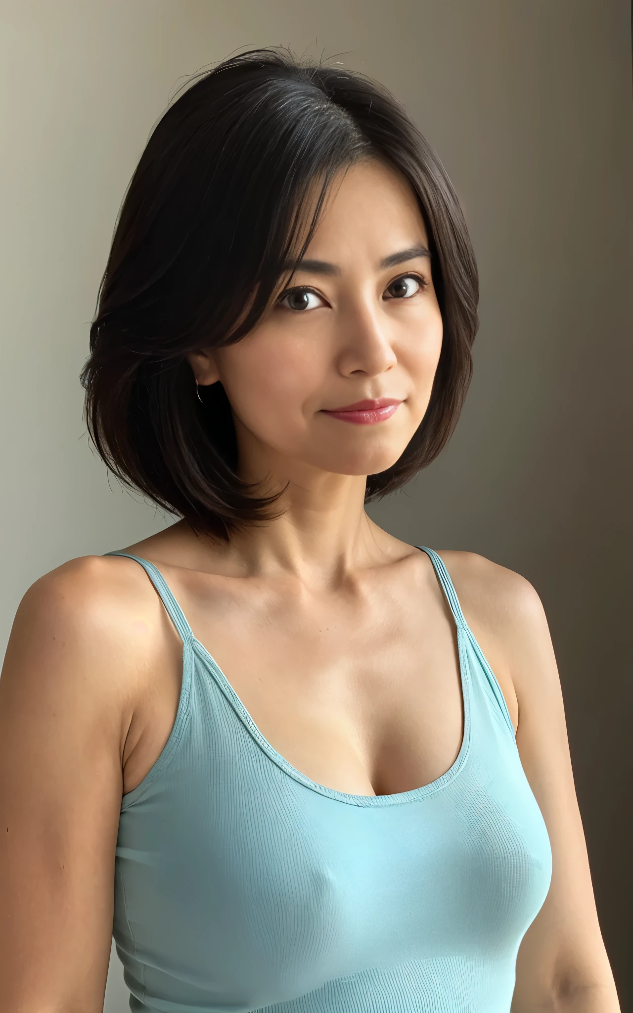 (close up:1.1, portrait), (1 Japanese mature woman), (Solo), 50 years old, ((Perfect Anatomy)),((plump)),flat-color background, gravure,((swetty tanktop)),  Best Quality, Ultra-detailed, Photorealistic, super detailed skin, ((Looking at Viewer:1.3)), Mature Actress,glamor, saggy breast:1,2, ((close your mouth)),