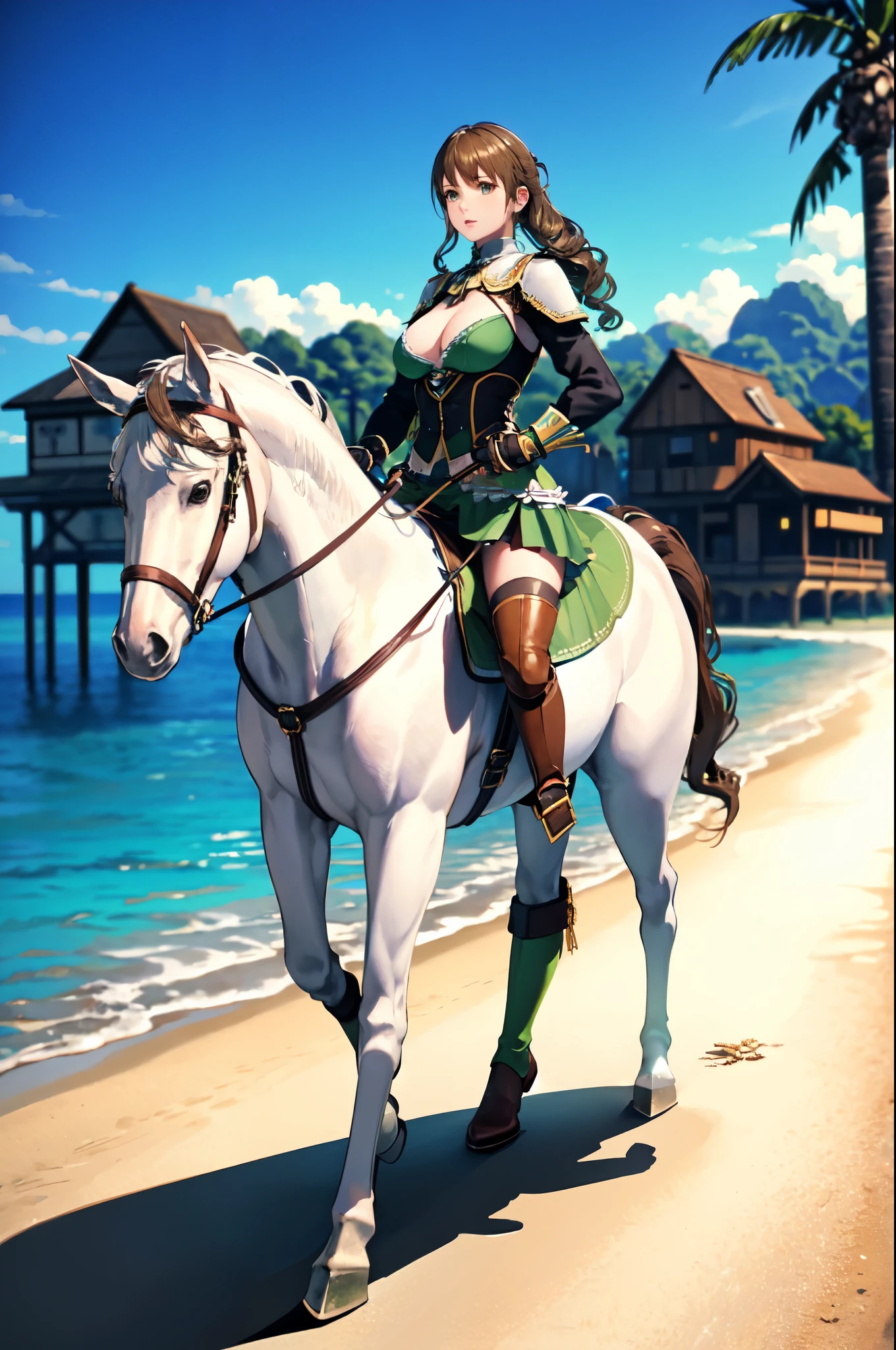 4k, masterpiece, solo, best quality, perfect face, anime style, cinematic lighting, cinematic color, long hair, curly hair, {gold hair}, brown eyes, large breast, horseback riding, horse riding, (white horse: 1.0, bridle, saddle, stir ups, reins: 1.2, walking: 1.5), beach, (green armor, green miniskirt, green boots), view from side, anatomically correct