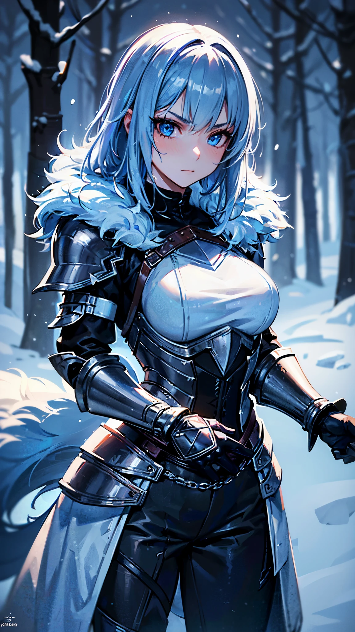 (best quality,4k,highres),(realistic,physically-based rendering),a girl,armor:simple,winter,fur,holding a sword,serious expression,vivid colors,portrait,sharp focus,studio lighting,detail of the eyes,metal texture,cold environment,forest background,falling snow,smoke effect