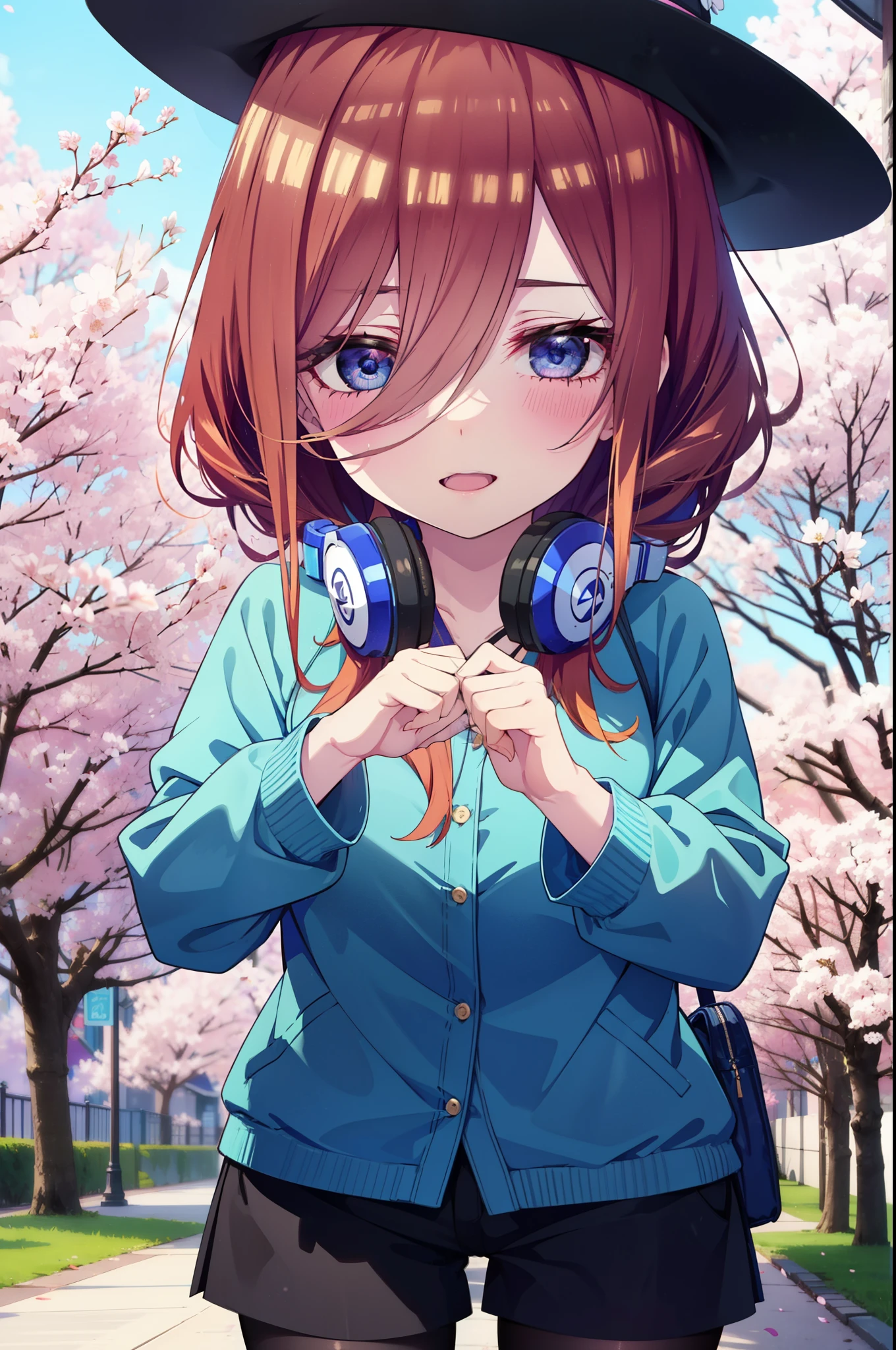 Miku Nakano, Miku Nakano, Long Hair, bangs, blue eyes, brown hair, shirt, Hair between the eyes, smile,blush,Open your mouth,Headphones around neck,オーバサイズチェック柄shirt,Shorts,Black pantyhose,Hunting Hat,short boots,Cherry blossoms are blooming,Cherry blossoms are scattered,Cherry blossom tree-lined path,whole bodyがイラストに入るように,
break outdoors, garden,
break looking at viewer,whole body,  (Cowboy Shot:1. 5)
break (masterpiece:1.2), highest quality, High resolution, unity 8k wallpaper, (figure:0.8), (Beautiful fine details:1.6), Highly detailed face, Perfect lighting, Highly detailed CG, (Perfect hands, Perfect Anatomy),