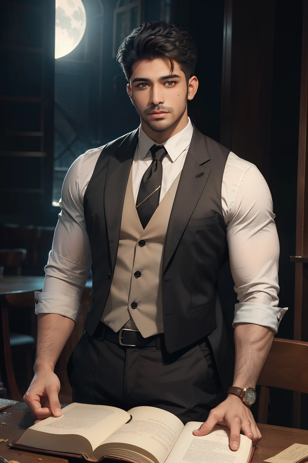 ((best quality)), ((masterpiece)), (detailed), 
A handsome South Asian man in his late 20s, with dark, captivating eyes and a perfectly trimmed beard, stands bathed in moonlight streaming through a grand gothic window. Moonlight illuminates dust motes dancing in the air around him. He wears a fitted black waistcoat over a crisp white shirt, the sleeves rolled up to reveal strong forearms.  An open book with aged pages and intricate illustrations rests on a nearby oaken table, its contents spilling onto the worn leather surface.  A hint of a mischievous glint reflects in his eyes as he gestures dramatically, as if explaining a fantastical story from the book to an unseen audience.