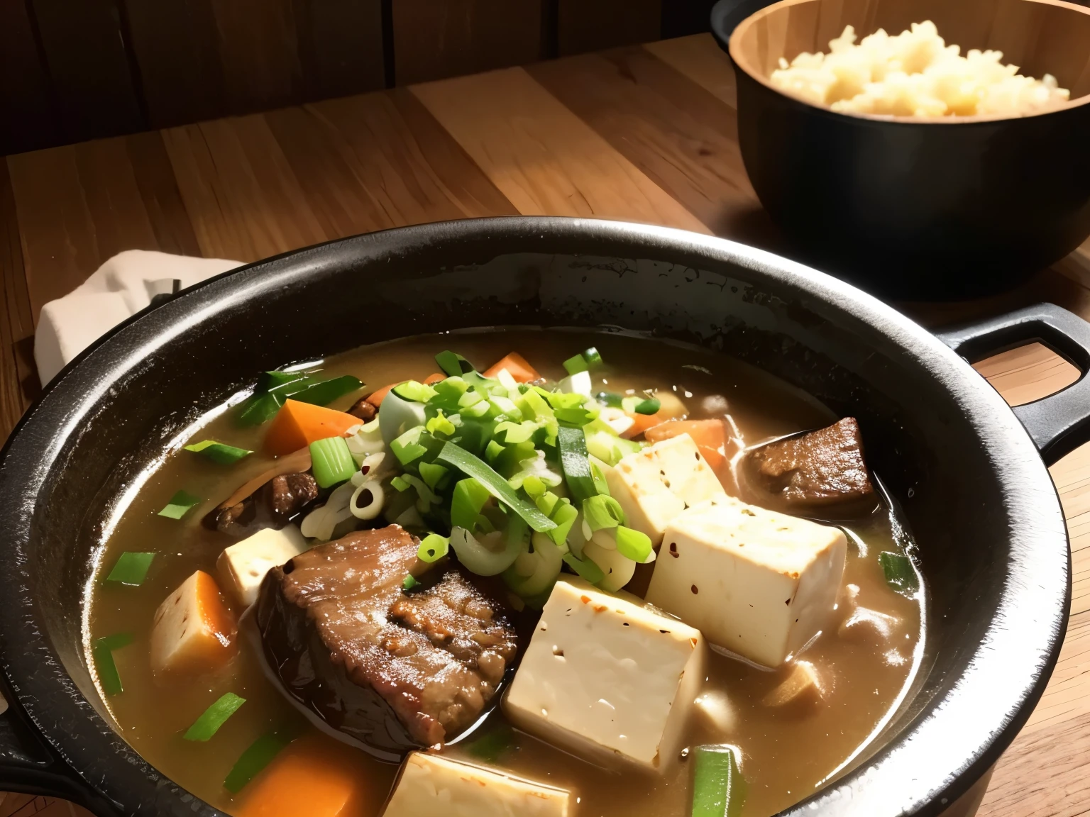realistic, no_humans, food, food focus, (close-up), Shallow-bottomed pot, beef, Tofu, green onion, Shirataki, Stew pot, on wooden table, Spotlight, beautiful, perfect lighting, best quality