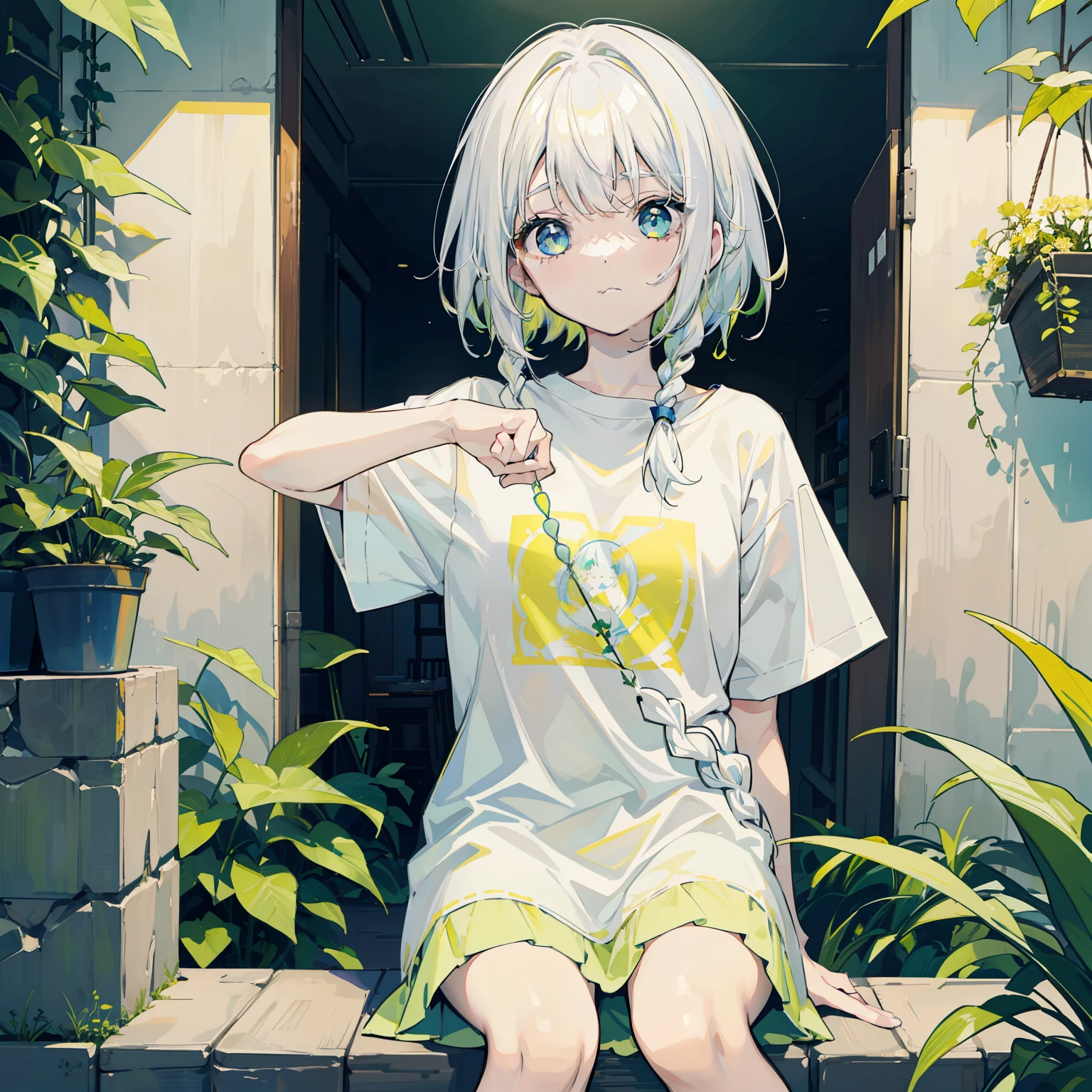 Tabletop,Very detailed,1 girl,alone,White Hair、Yellow-green gradient hair、Blue eyes、comfortable clothes、T-Shirts、Short Hair、small braids、Braided Hair、(Mainly white hair)、Cute girl、Cute pose、シンプルT-Shirts、White and yellow-green image