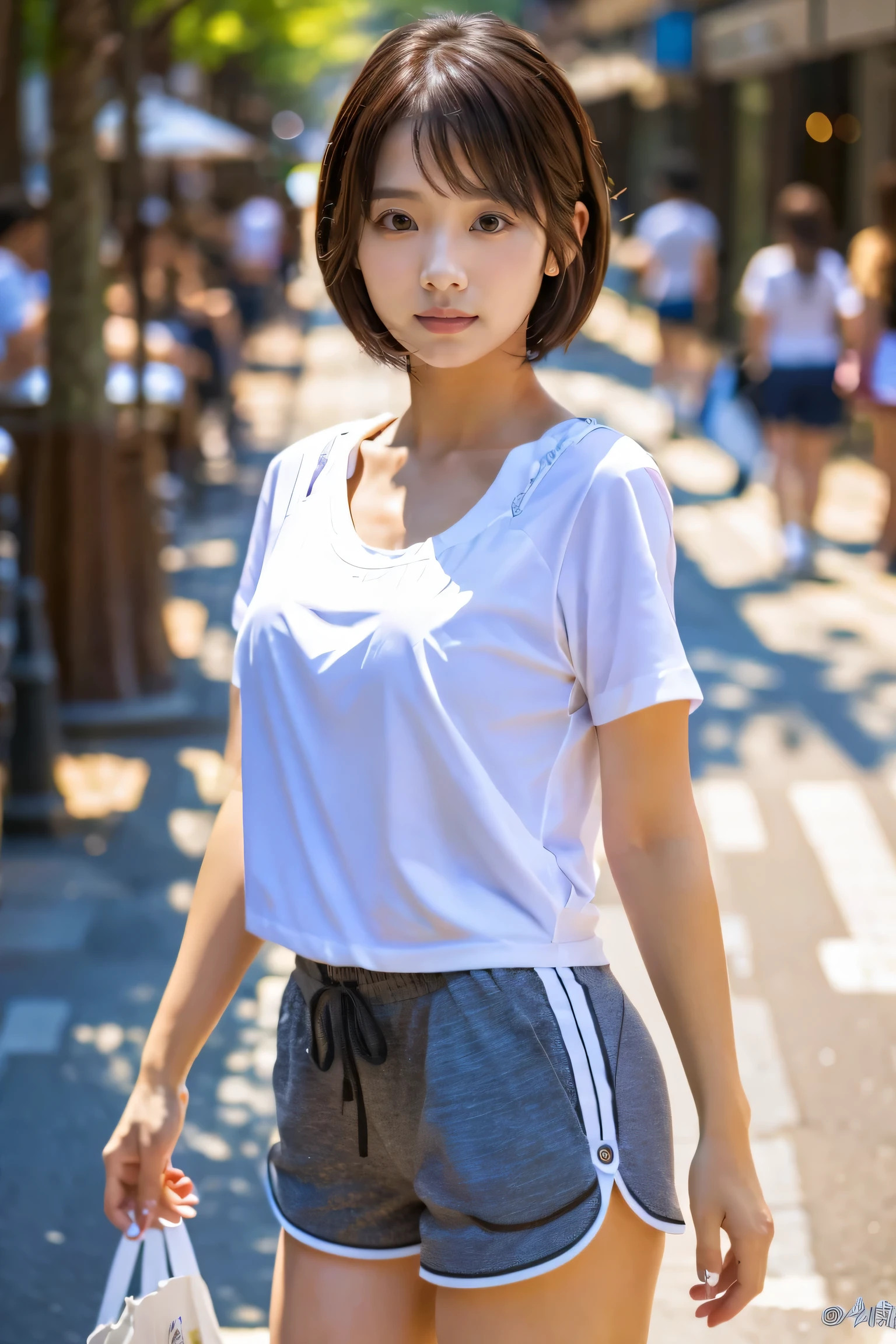 do, highest quality, Photorealistic, Very detailed, finely, High resolution, 8K Wallpaper, Professional, High level of detail, ((One 18 year old girl:1.2)), Slender Japanese women,cute lips, Detailed clavicle, Mid-chest、Perfect Face, (Cute short hair:1.5), Chestnut Hair、Cute face、(T-shirt on bare skin:1.5)、(Shorts:1.5)、Black short boots、(Sexy poses in the shopping district:1.2)、Perfect Professional Potion、((Complete head-to-toe coverage:1.5)、