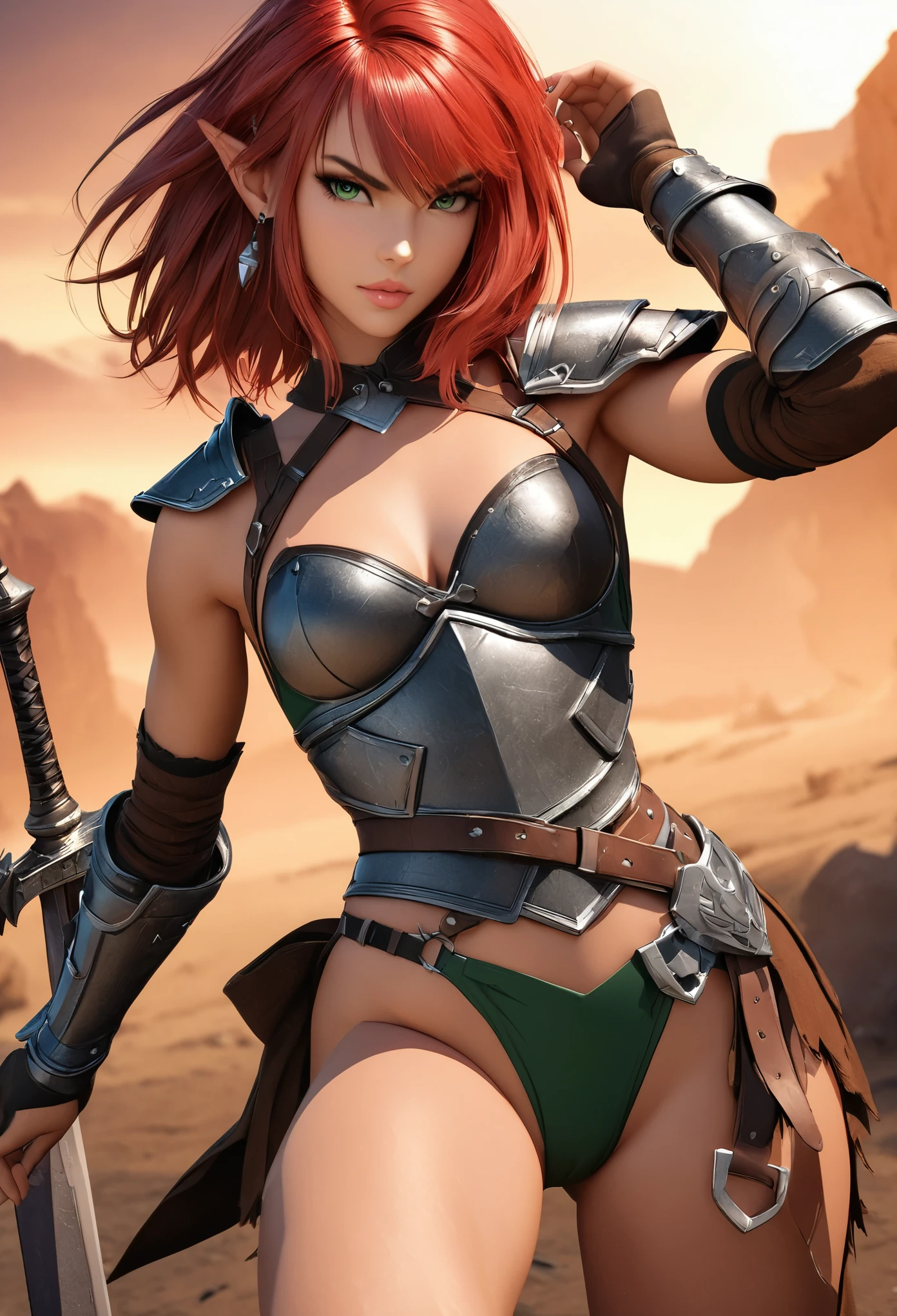 8K, (masterpiece, Best Quality)+ cowboy shot of a barbarian elf (Like the real thing)+ realistic skin, Looking at Viewer, Short hair, green mohawk hair, cleavage, Jewelry, small full breasts, Upper body, whole body, sword ,earrings, armor, Hair over one eye, Green eyes, short elf ears, shoulder armor, Realistic, at high resolution, Masterpiece, A hyper-realistic, Fantasy art, character art, cinestill 800, alluring glance, A sexy closeup, combat scene, action scene, action pose, dynamic pose, Rugged look, Glaring at the viewer, Athletic and muscular body, Split abs, long thin muscular legs, (ultra quality)++, (masterpiece)++, 1girl, barbarian elf, (Red, red hair)++, (Beautiful cute face)+, (beautiful female lips)+, Charming, (serious expression)++, looks at the camera with a gentle smile, eyes are slightly closed, (skin color white)+, Body glare, (detailed beautiful female eyes)++, (dark green eyes)++, (juicy female lips)+, (beautiful female hands)+, (perfect female hands)++, (perfect female figure)++, perfect female body, Beautiful waist, gorgeous big thighs, Beautiful little breasts, (Subtle and beautiful)++, seductively sits, (close up face)+, (Barbarian outfit, Barbarian armor, Viking Weapons)++, background: Beautiful sunset, (Depth of field)++, (high quality clear image)++, (crisp details)+, (highly detailed)++, Realistic, Professional Photo Session, (Clear Focus)++, the anime! girl! in the middle of a red and white movie!! in a dark studio, complex artistic color ink pen illustration, subtle detailing, masterfully illustrated by Artgerm and Range Murata. 3D render, digital, game art