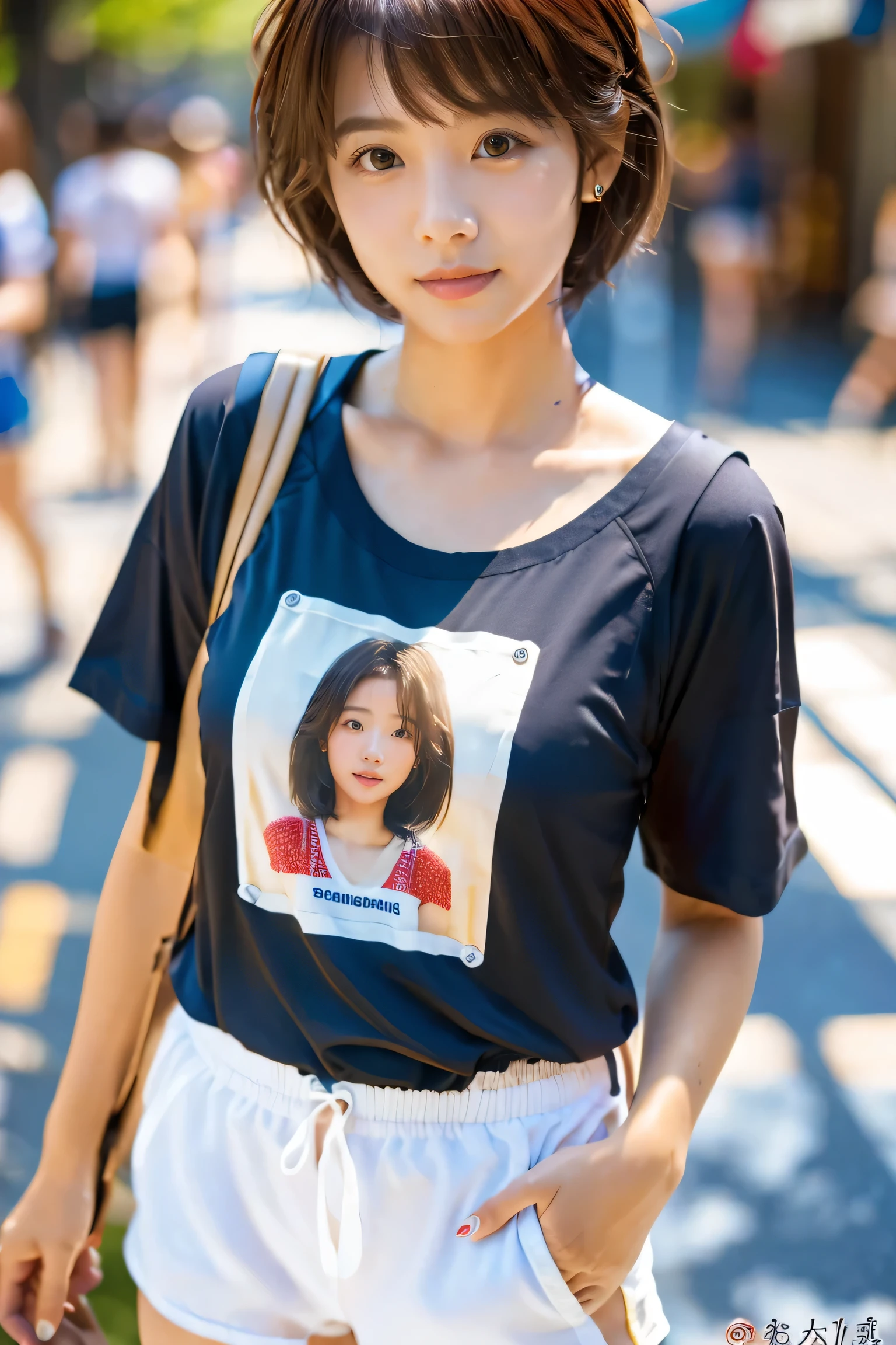 do, highest quality, Photorealistic, Very detailed, finely, High resolution, 8K Wallpaper, Professional, High level of detail, ((One 18 year old girl:1.2)), Slender Japanese women,cute lips, Detailed clavicle, Mid-chest、Perfect Face, (Cute short hair:1.5), Chestnut Hair、Cute face、(T-shirt on bare skin:1.5)、(Shorts:1.5)、Black short boots、(Sexy poses in the shopping district:1.2)、Perfect Professional Potion、((Complete head-to-toe coverage:1.5)、
