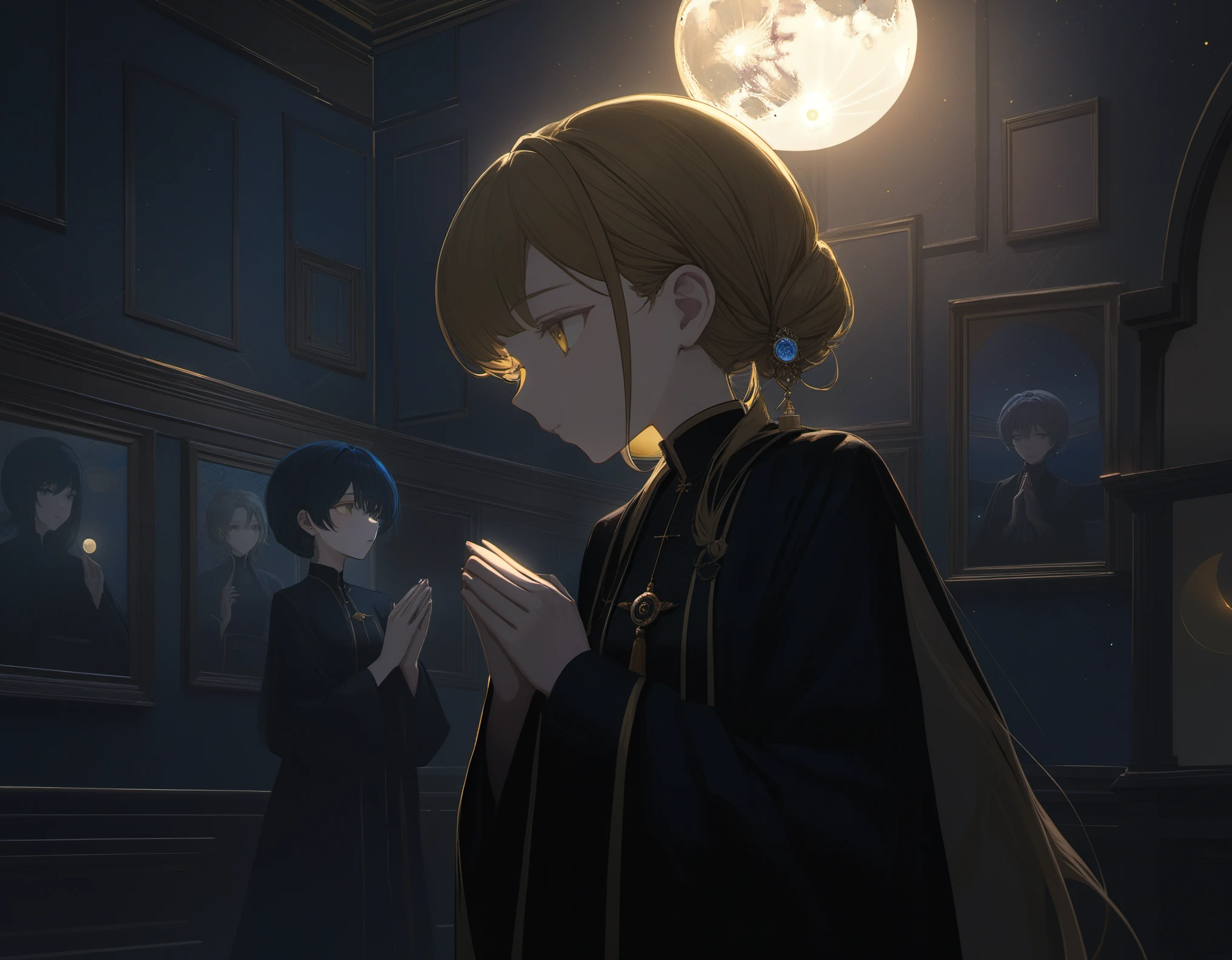 1 poor girl, praying to God at moon night, in abandoned house, wearing black robe, young sister taste, small breasts, 32k, ((masterpiece, best quality, ultra-detailed, an extremely delicate and beautiful)), ((extremely detailed CG unity 8k wallpaper)), ((award winning, ccurate, UHD, textured skin, chromatic aberration, perfect anatomy, golden ratio)), (concept art), (exquisite attention to detail), ((perfect_composition, perfect_design, perfect_layout, perfect_detail, ultra_detailed)), ((aesthetic harmony))