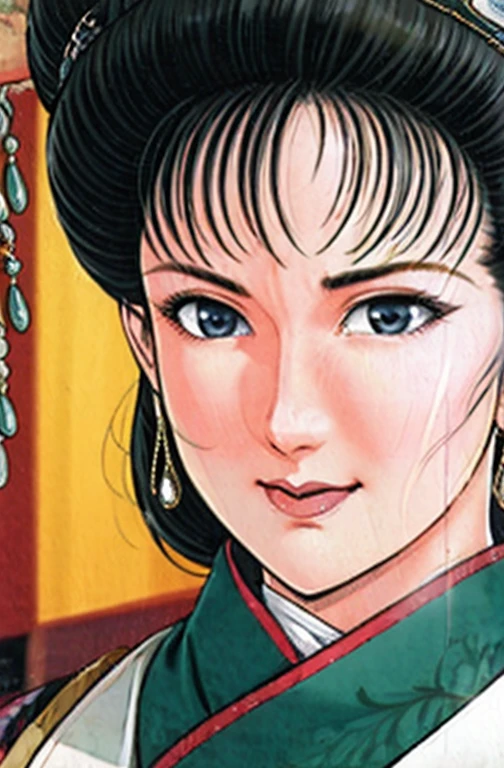 (best quality), (very aesthetic), (ultra-detailed), (best illustration),NSFW,a mature female,Perfect Face,Suikoden,Mrs. Lin,(full_nude),(full_body),big breast,big nipple,red cheek,He is looking down shyly,Sweating,skinny, Undressing,chinese traditional style bed,