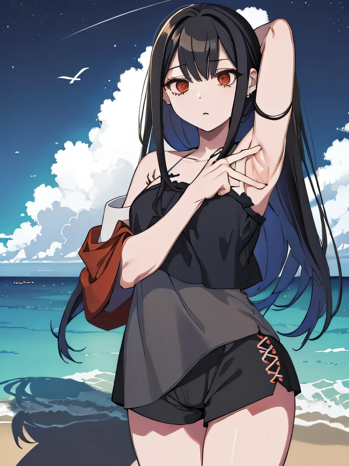 "Anime character girl, 18+, elegant black hair, mesmerizing black eyes, captivating beauty, gracefully proportioned, expressive features, alluring charm, tasteful attire, confident and charismatic aura, sex, long hair in the beach we beach dress
