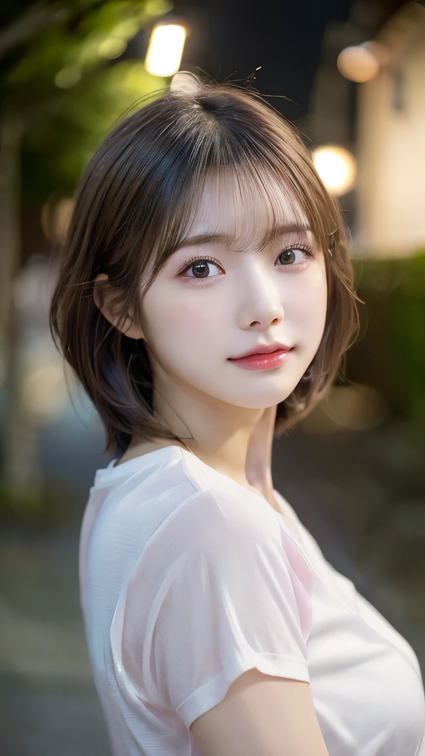 (highest quality,masterpiece:1.3,超A high resolution,),(Very detailed,Caustics),(Photorealistic:1.4,RAW shooting,)Ultra-Realistic Capture,Very detailed,High resolution 16K suitable for human skin、 Natural skin texture、、Skin tone is even and healthy looking、 Use natural light and color,One Woman,Japanese,,cute,Pink,Middle Hair,(Written boundary depth、chromatic aberration、、Wide range of lighting、Natural Shading、)、(outdoor lights at night:1.4)、(Hair swaying in the wind:1)、short hair、(Exposure:3.0)、Sheer white shirt