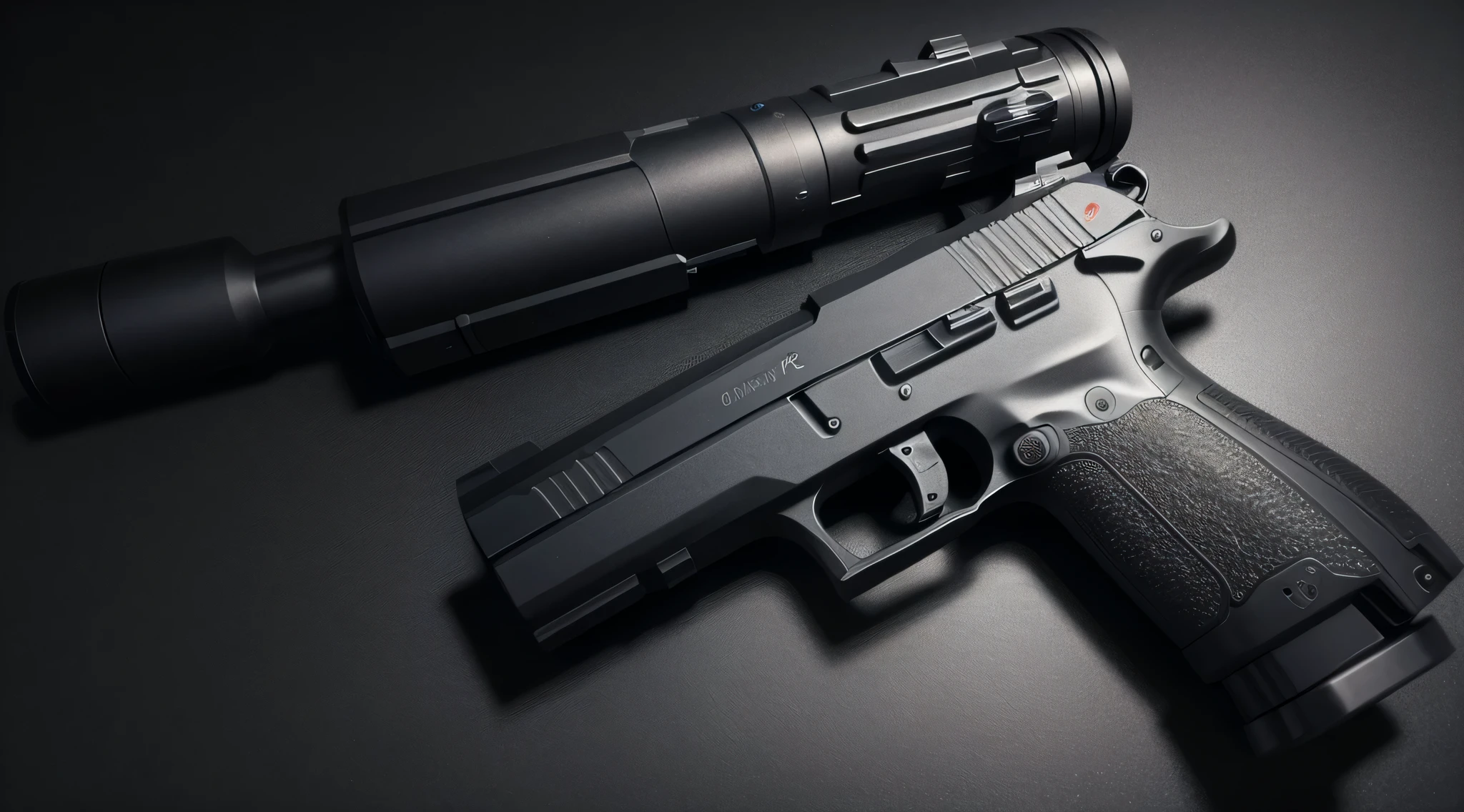 Masterpiece of guncraft, best quality 10mm handgun, intricately designed and meticulously built, silencer attached for stealth, scoped night vision equipped for enhanced precision and focus, sharp lines and detailed textures, professional manufacturing process, clear and vibrant image rendering, realistic gun metal finish, high definition 4k visuals, sharp focus and clear lines, realistic lighting and shadow effects, physical gun model rendered in 3D, breathtaking attention to detail, expertly crafted components, lifelike texture and weight simulation.