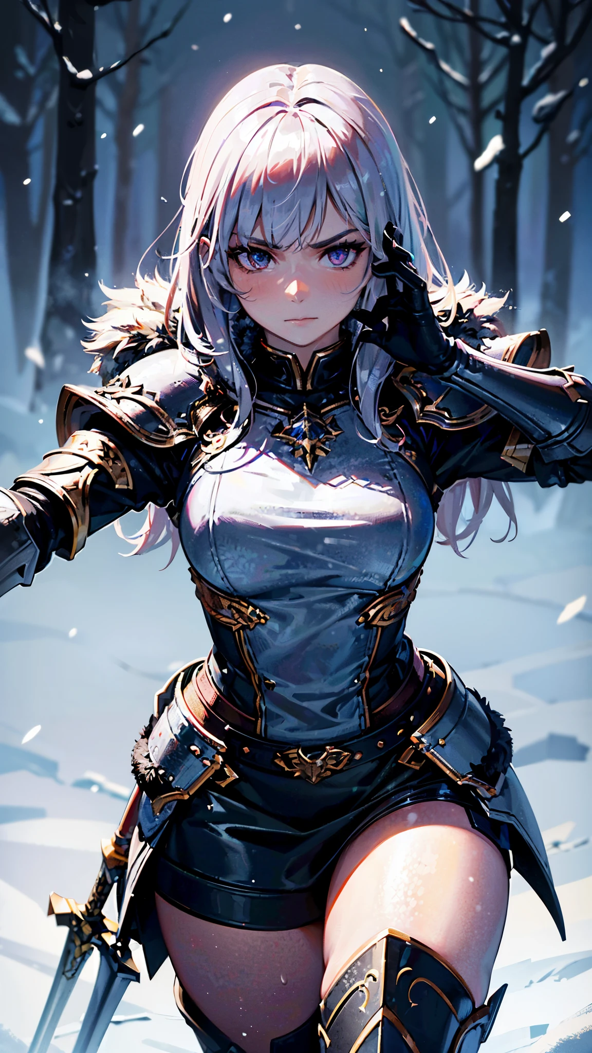 masterpiece, best quality, CG, wallpaper, HDR, high quality, high-definition, extremely detailed, drow, colored skin, dark elf, blue skin, grey skin, pointy ears, cape, armor, looking at viewer, 1girl, forest, dark forest, mythical forest, dimmed light, brown eyes, long hair, chibi