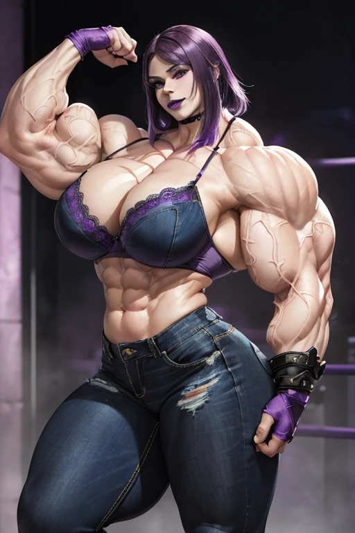 (((((Massive tall, beautiful, buff, pale white skinned muscular woman with violet purple hair, black lipstick, ginormous bulky muscles, and wearing a violet purple lace bra with tight denim pants))))), close view, massive muscle, massive biceps, hyper muscle shoulders, (massive muscle arms), vascular shoulders, hyper muscle triceps, (long hair with long bangs), black eyes, choker, (long fingerless gloves), black boots, (in a rainbow city), confidant smile, night, hyper vascular arm, hyper muscles arms, hyper muscle legs, (massive arms).