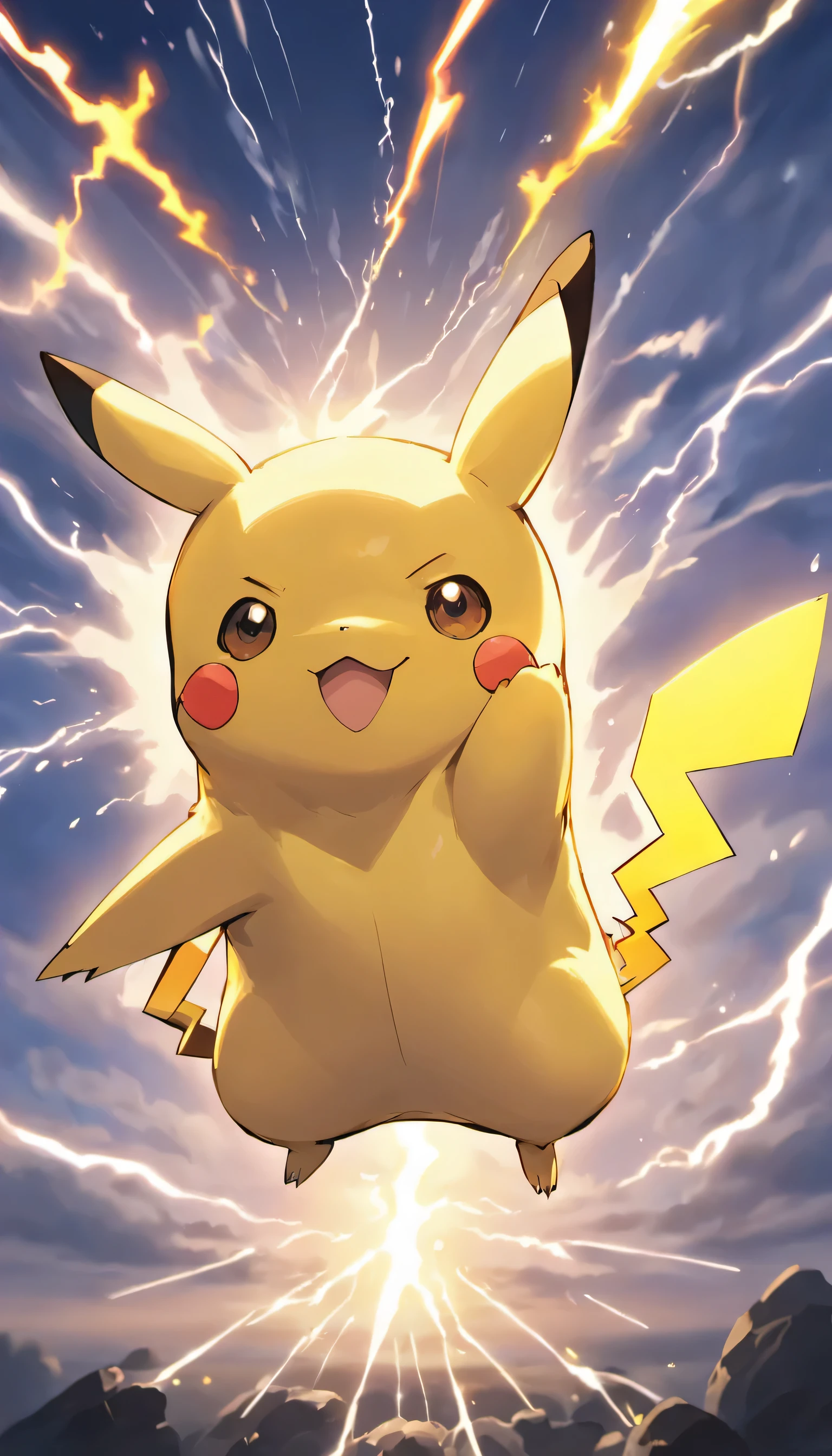 Create a high-resolution, vertical image suitable for TikTok that showcases Pikachu in the midst of unleashing a powerful Thunder attack. The image should be rendered in the highest quality possible, with Pikachu positioned centrally. The camera angle should be dynamic and low, looking up to capture Pikachu's intensity and the scale of the Thunder attack, with a wide-angle lens to emphasize the action within the vertical format. The composition should be vibrant and full of energy, highlighting Pikachu's electric abilities with bright, arcing bolts of lightning against a stormy backdrop, ensuring Pikachu is well-lit and sharply focused.