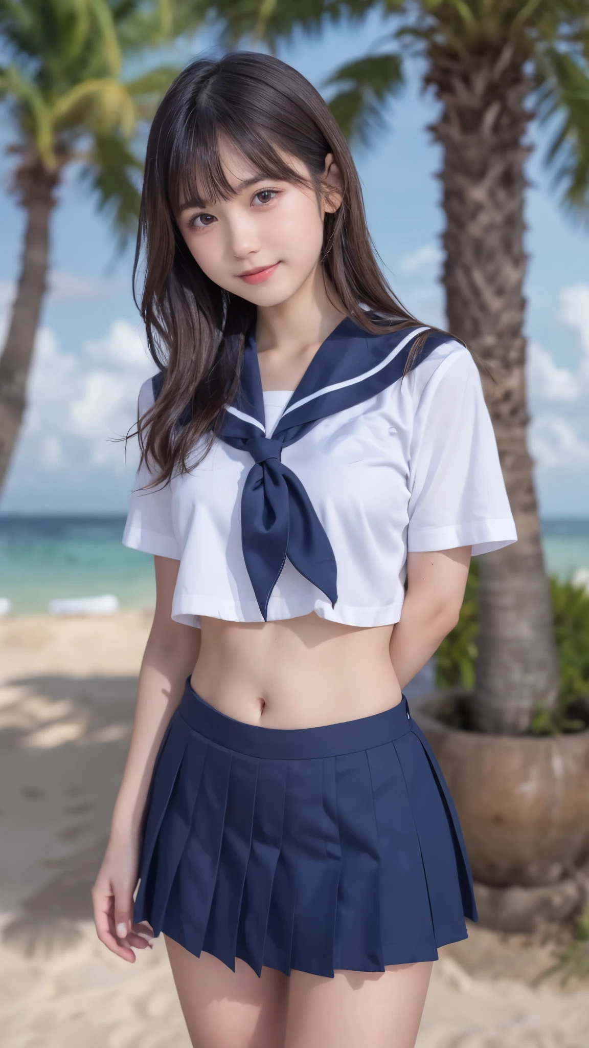 (best quality, 8k, 32k, masterpiece, UHD:1.2), (RAW photo), (realistic), (photorealistic:1.2), (high resolution), huge filesize, ultra-detailed, extremely beautiful face & eyes, 1girl, japanese elementary school student,, 13yoyo, rosmall face, baby face, thin waist, beautiful belly skin, large breasts, slim proportions, perfect thin thighs, small butt, (darkblue pleated mini skirt, japanese sailor, sailor fuku, serafuku, japanese school sailor suit, sailor red neckerchief), nice hands, perfect hands, accurate hand depiction, sweaty, shy smile, pure white teeth, from below, (blue sky, summer, sun, beach, palm tree, outdoors), portrait photography,
