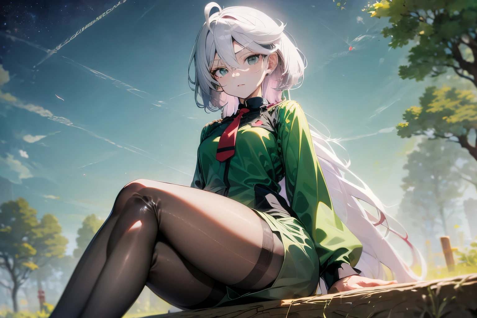 Mioline Rembran,alone, Long Hair, Grey Eyes, Grey Hair, Ahoge, Seamed legwear, Green shorts, tie, bangs, Hair between the eyes, Black Pantyhose, Long sleeve, Green jacket, floating hair, red tie, Witch from Mercury ,masterpiece ,8k unity wallpaper,anime key visual,highest quality, High resolution, unity 8k wallpaper, (shape:0.8), highly detailed face,highly detailed eye,glowing eyes , shiny skin,fine skin,white skin,dense skin,detailed hair,highly detailed legs,perfect lighting, Detailed CG, (perfect hands, perfect anatomy),High resolution,(Detailed wear ),slender limbs, delicate curves, dainty hands,figure:0.8,